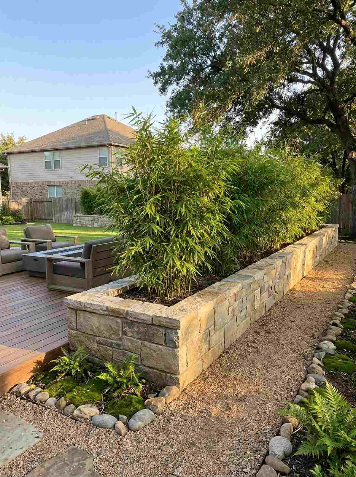 bamboo screen stone planter wall