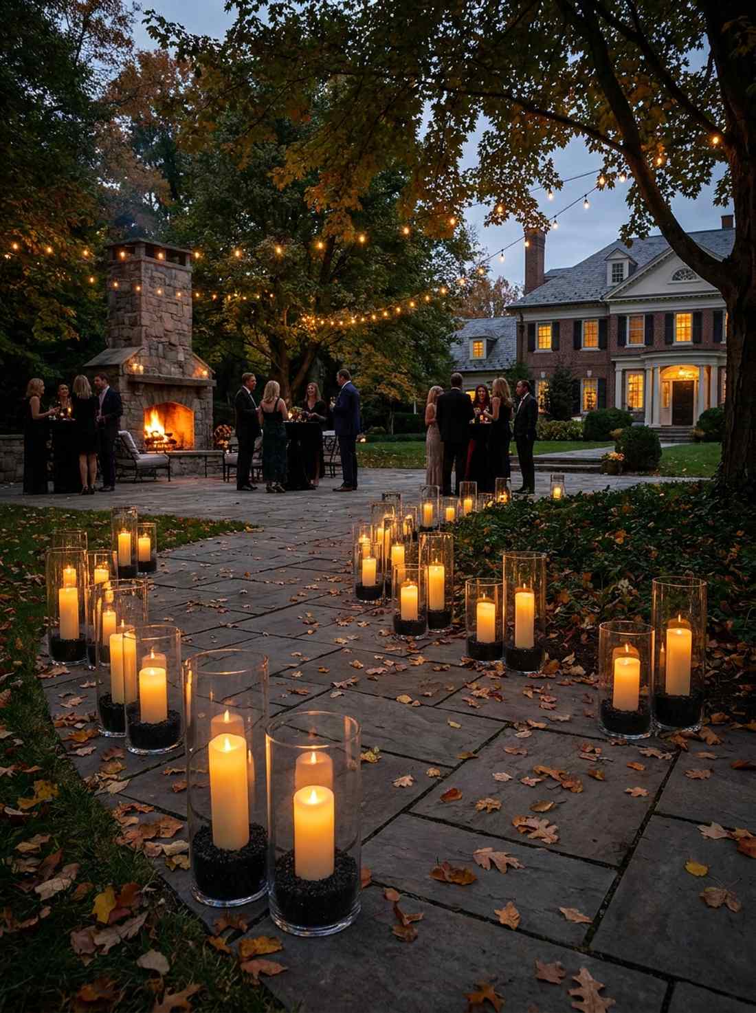 moody garden path with glass hurricanes