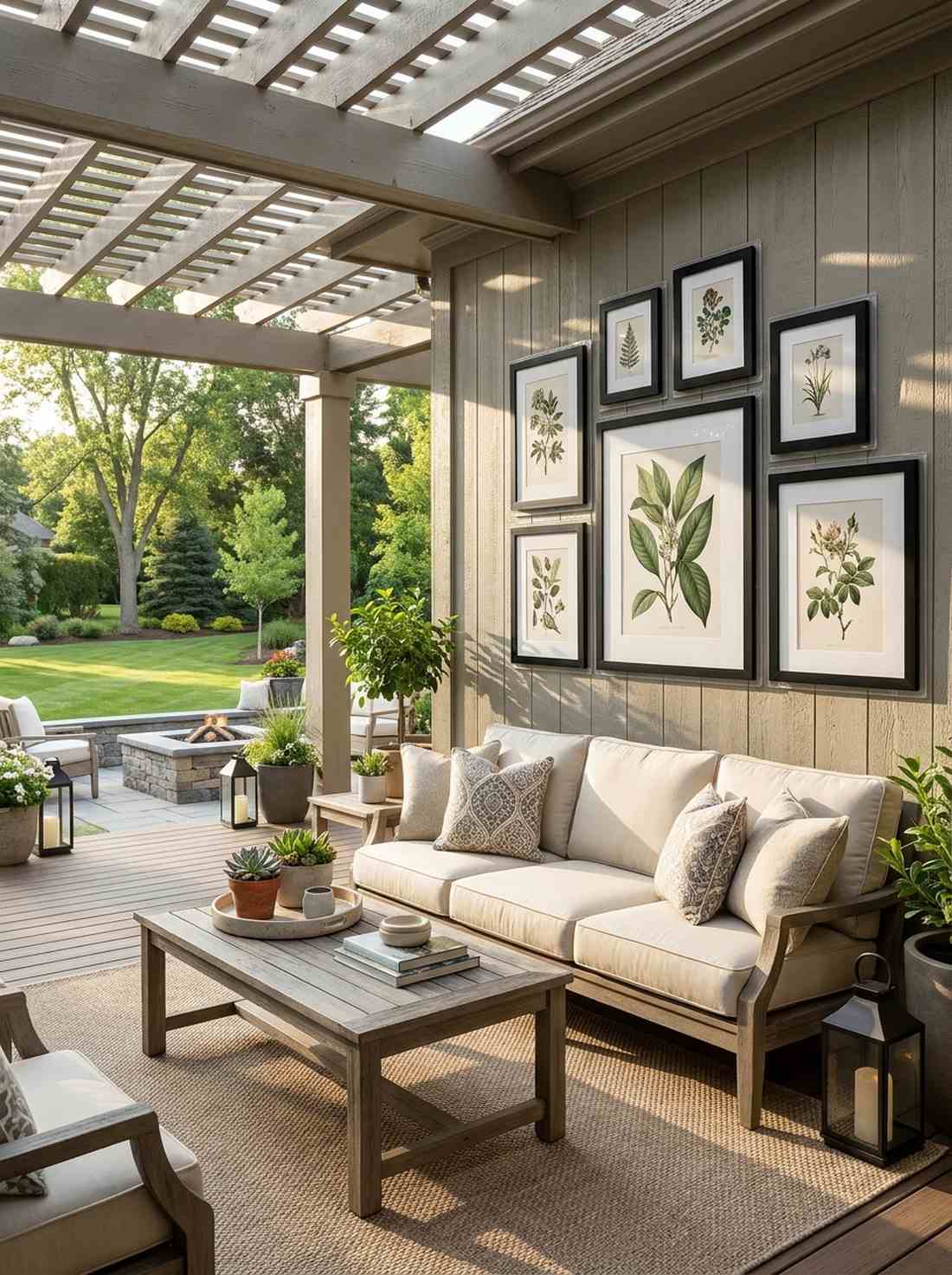 outdoor gallery wall with framed art