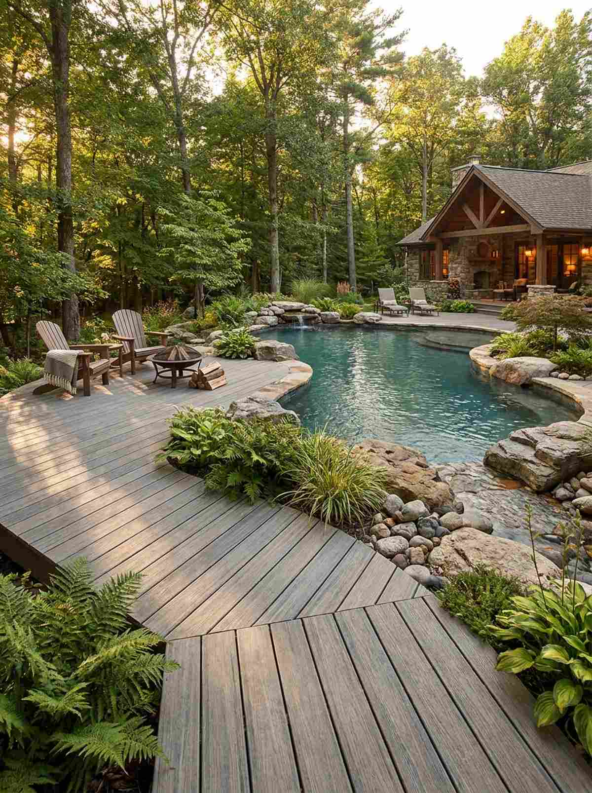 composite decking around naturalistic pool