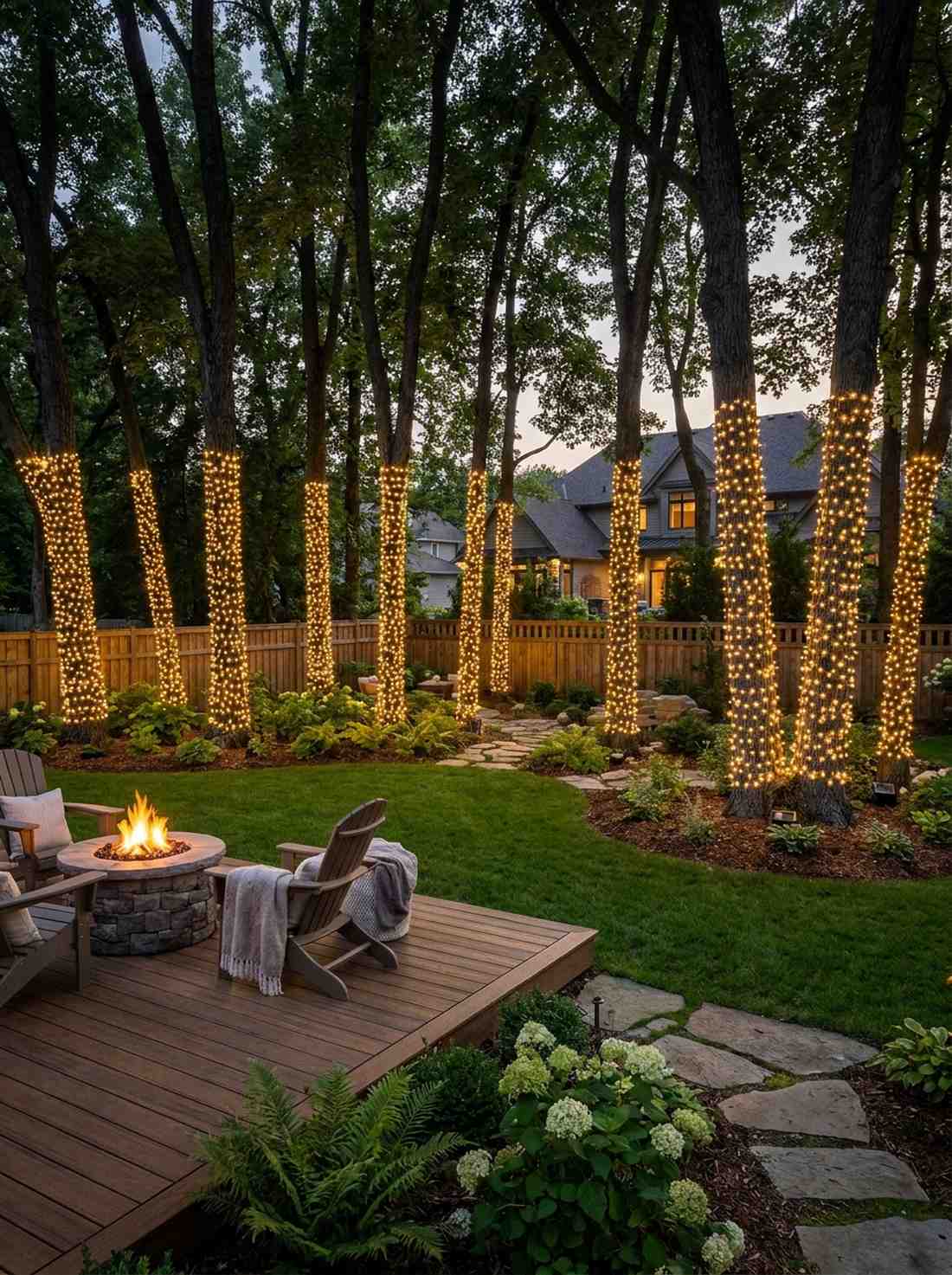 fairy lights wrapped around tree trunks