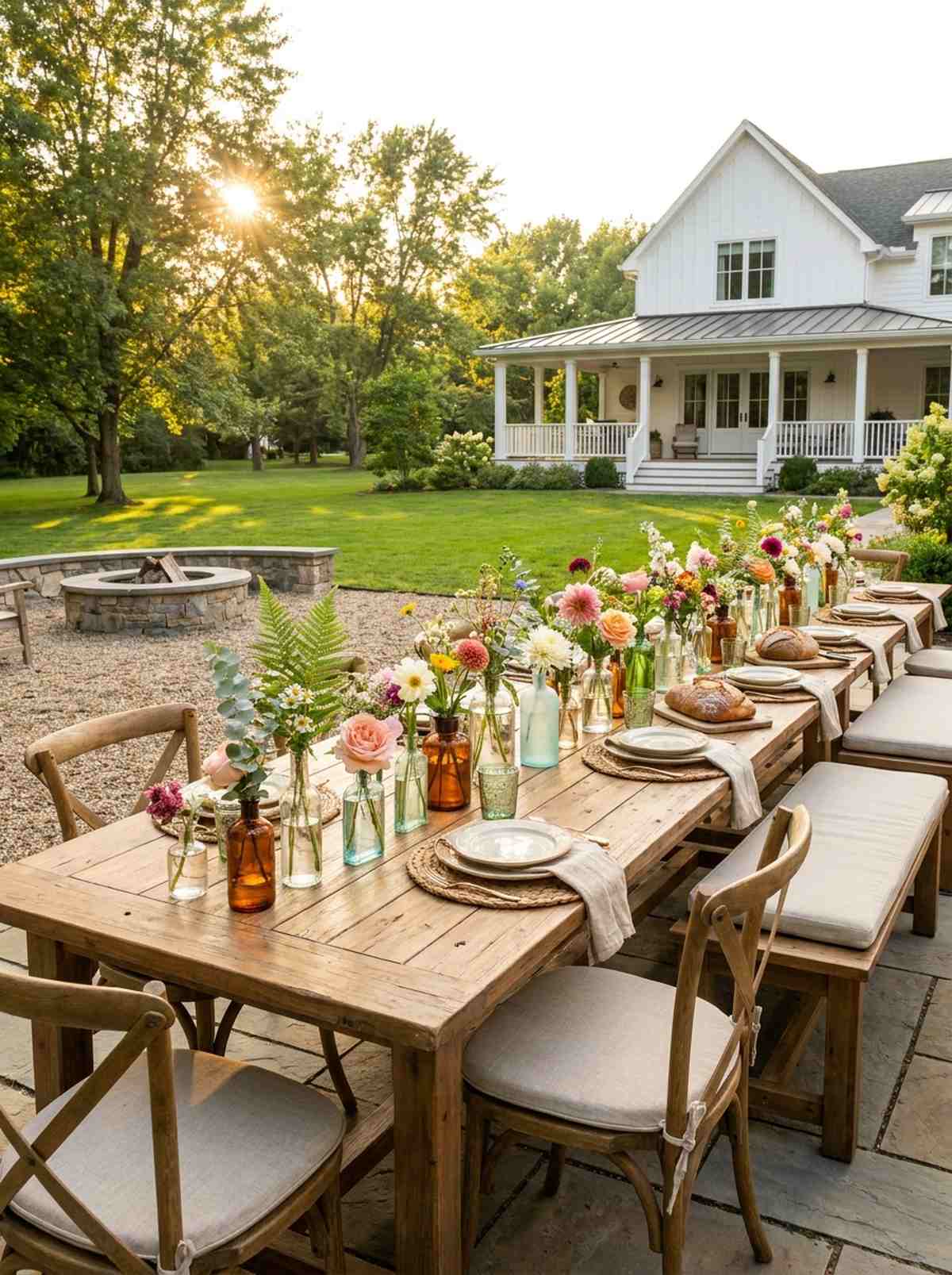 farm table with mixed florals