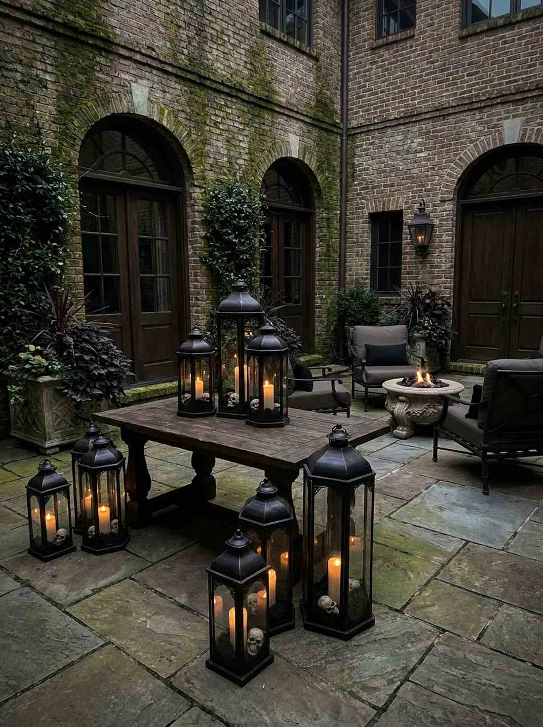 gothic courtyard with iron lanterns