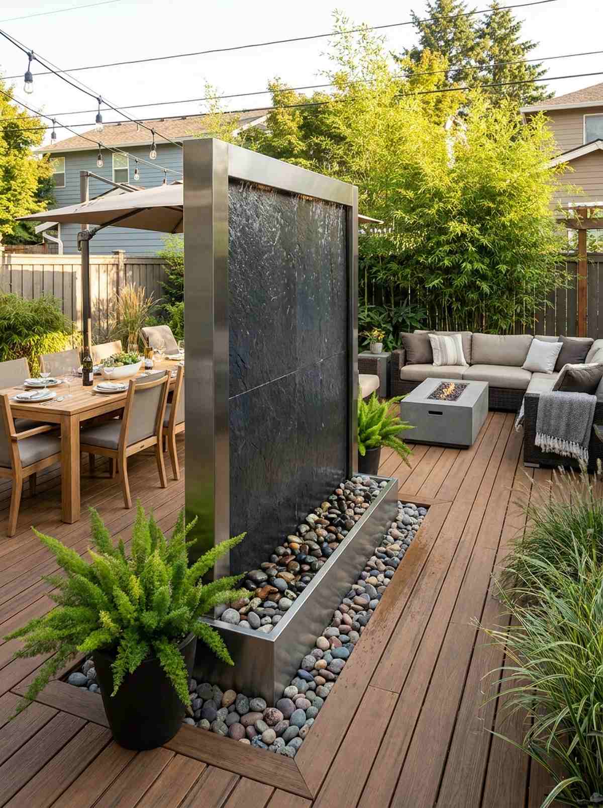 water feature boundary with linear fountain