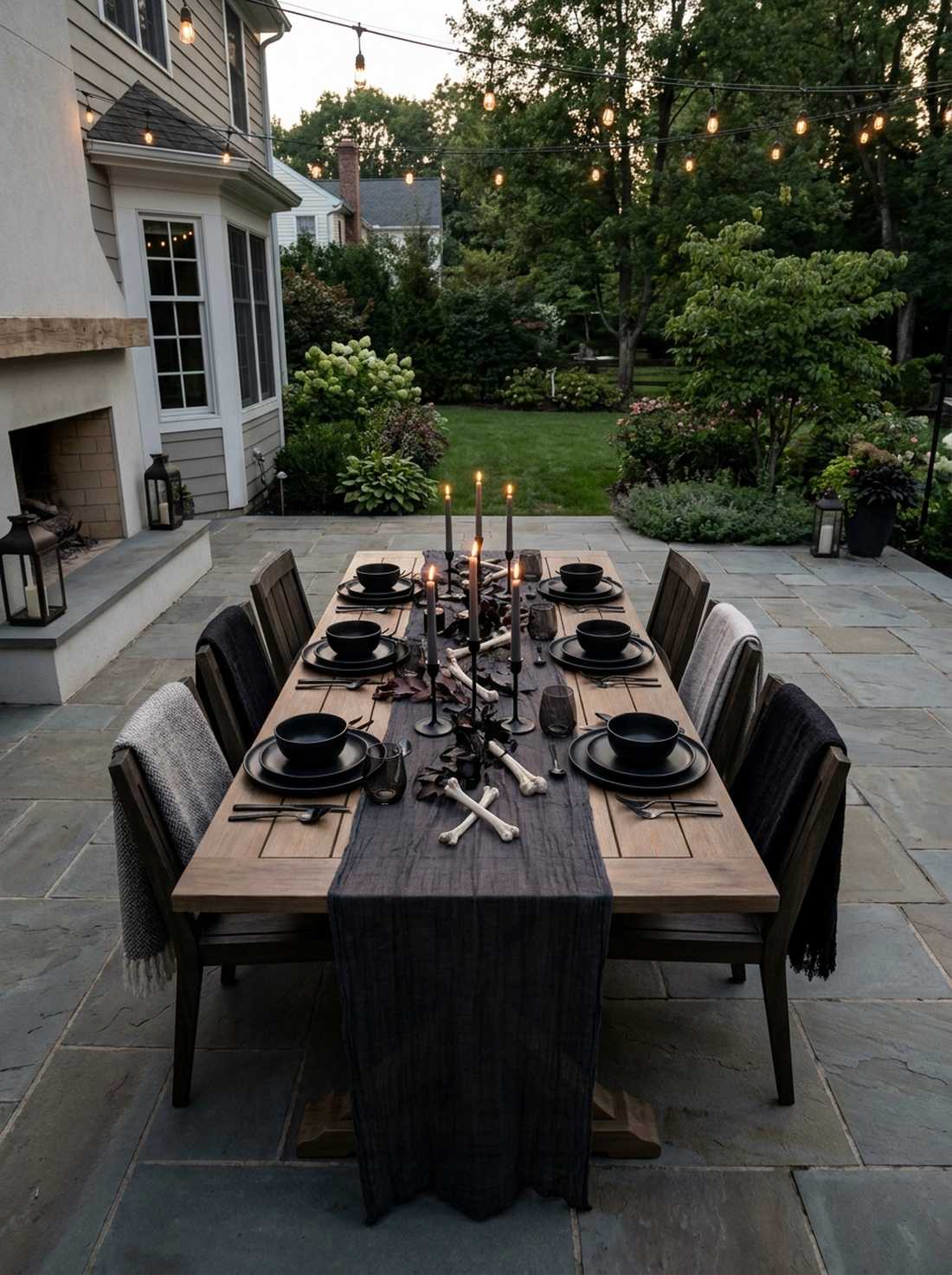 twilight dining area with black tableware