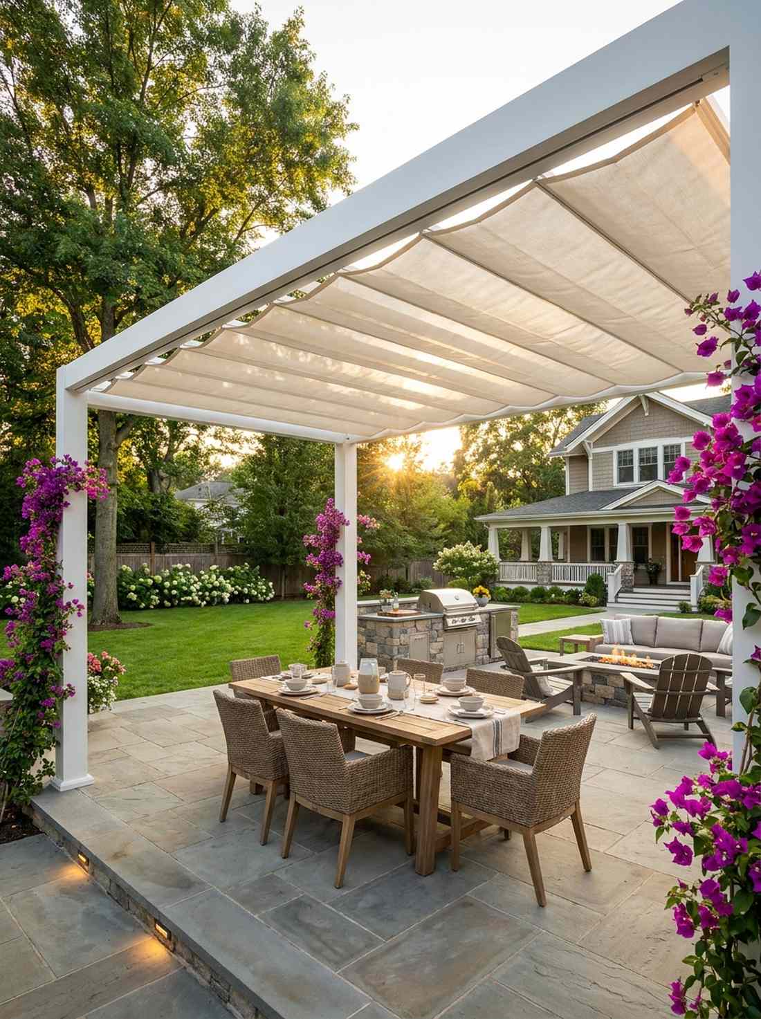 white pergola with retractable canopy