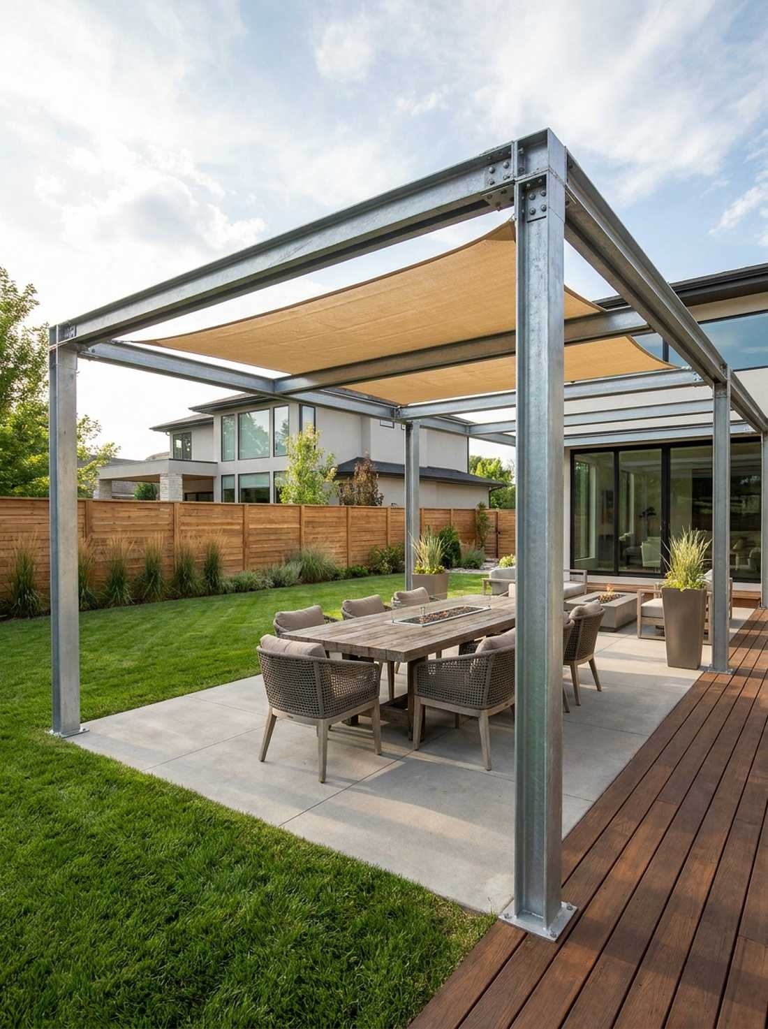 flat top steel pergola with cross beams