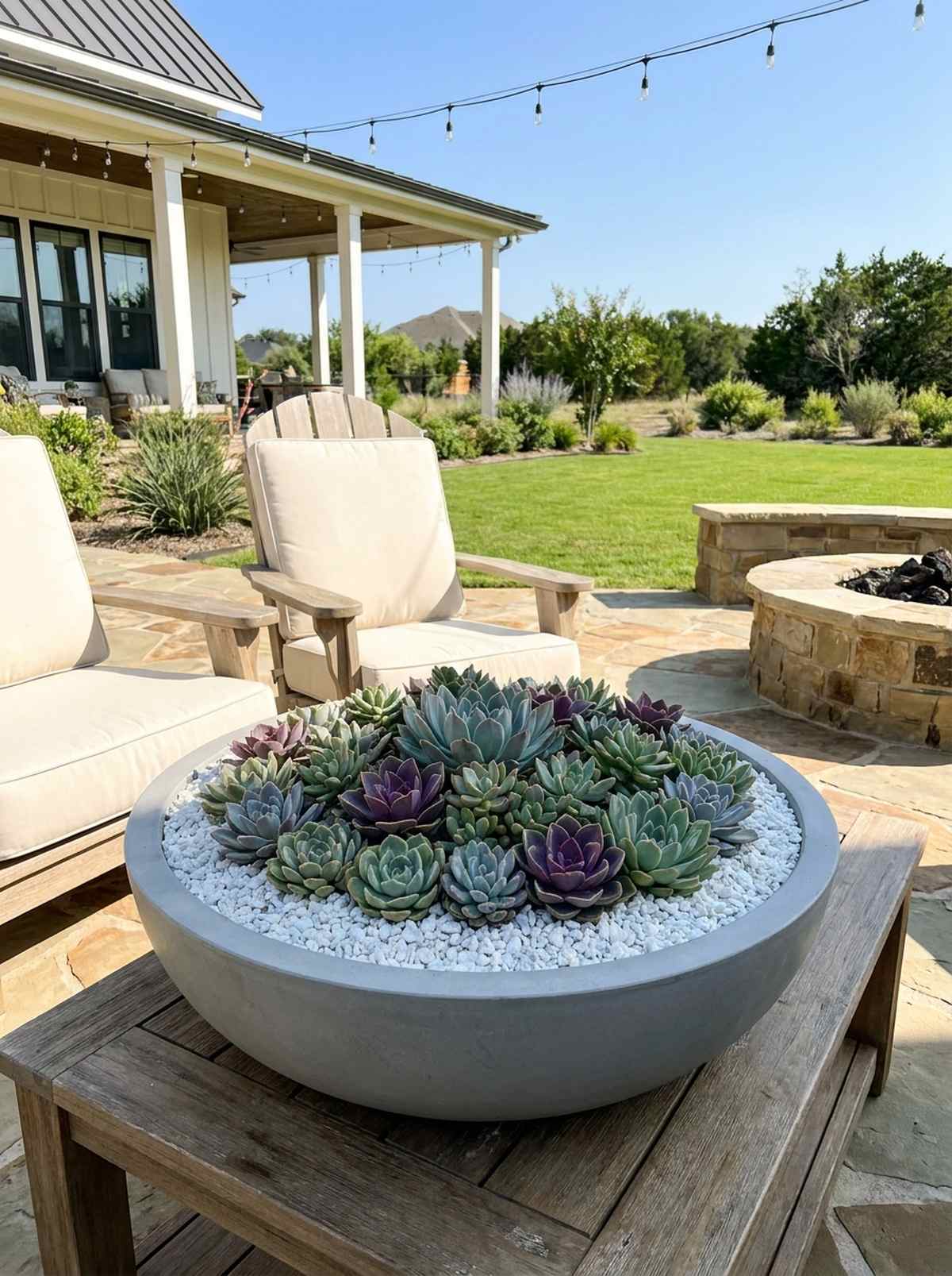 low profile round bowls with succulent displays