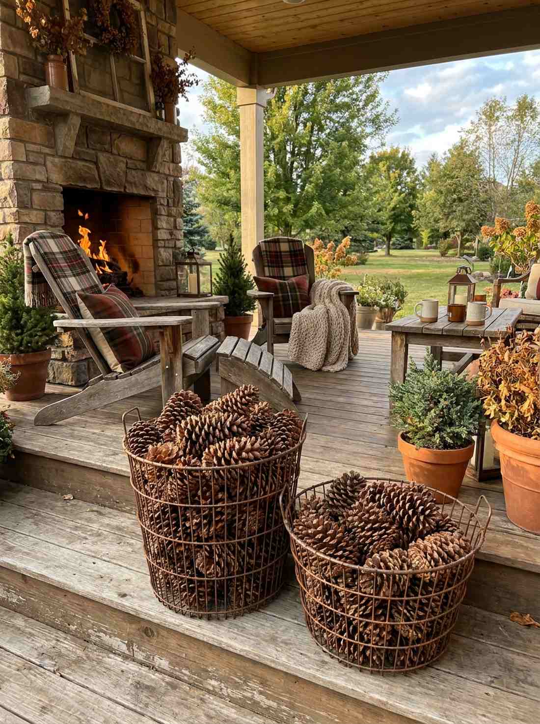 pinecone filled wire baskets