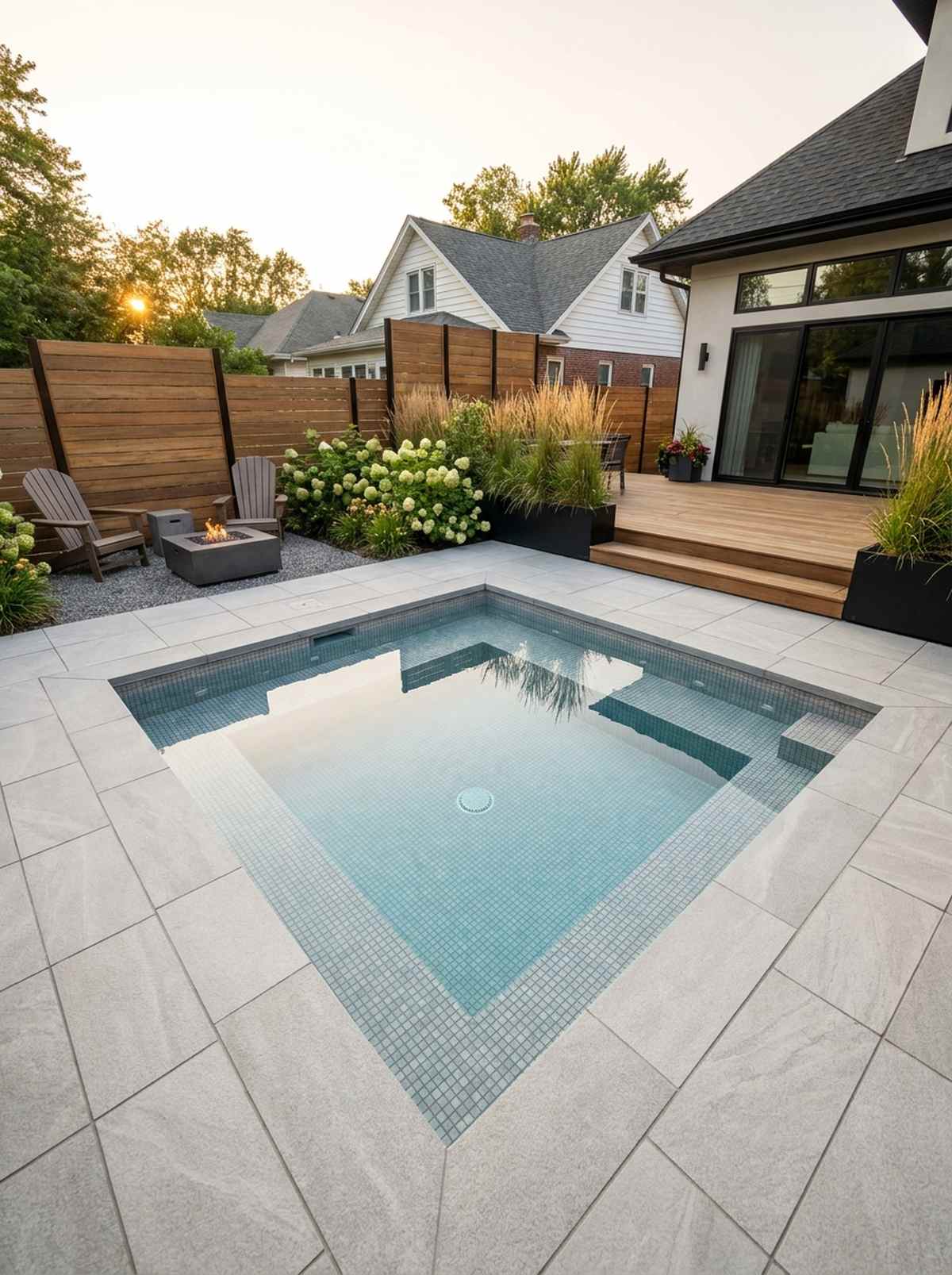 squared plunge pool surrounded by wide pavers