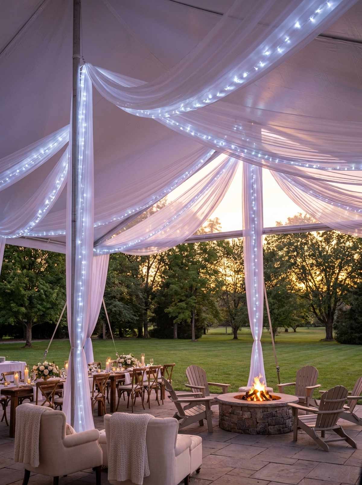 tent canopy with draped fabric lights