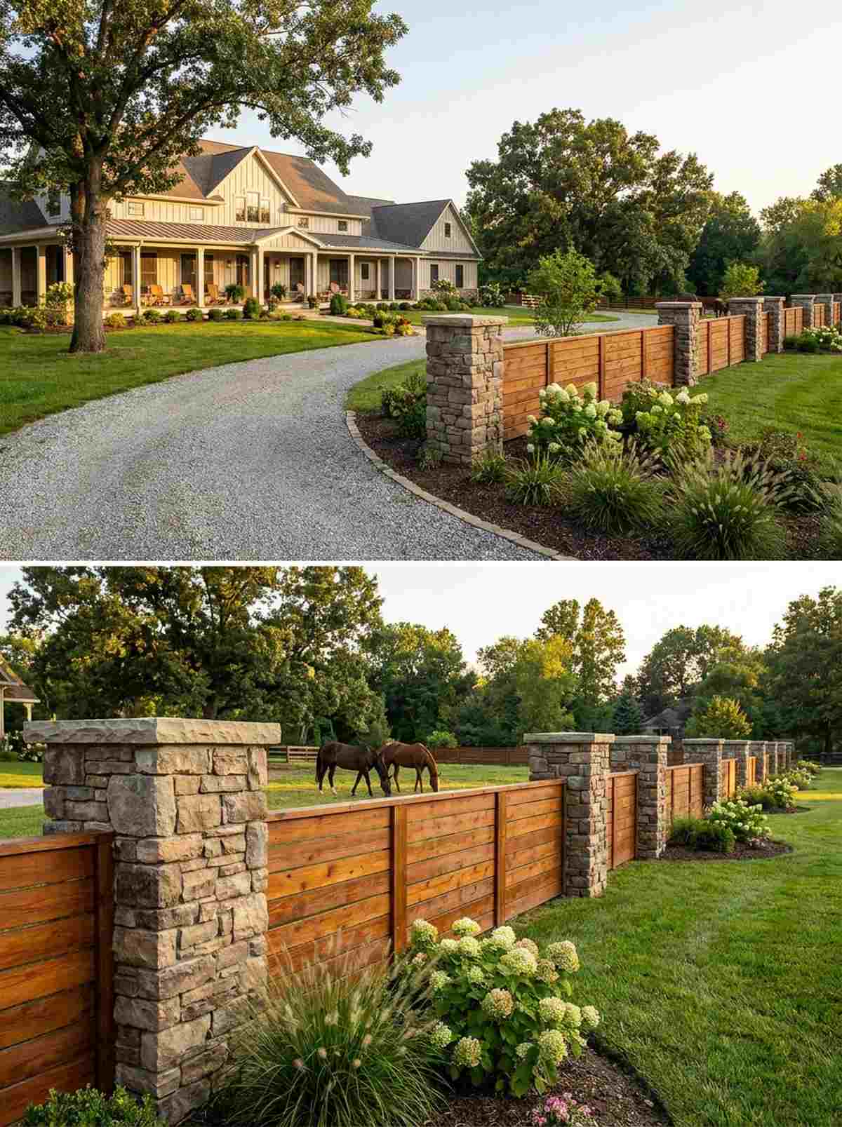 stone pier wood panel fence