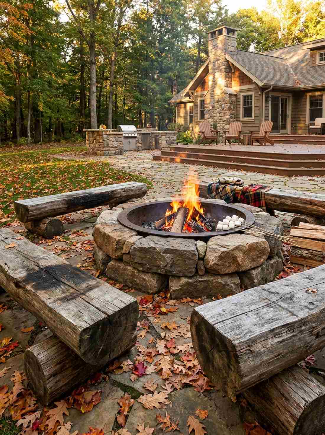 stone and timber fire pit