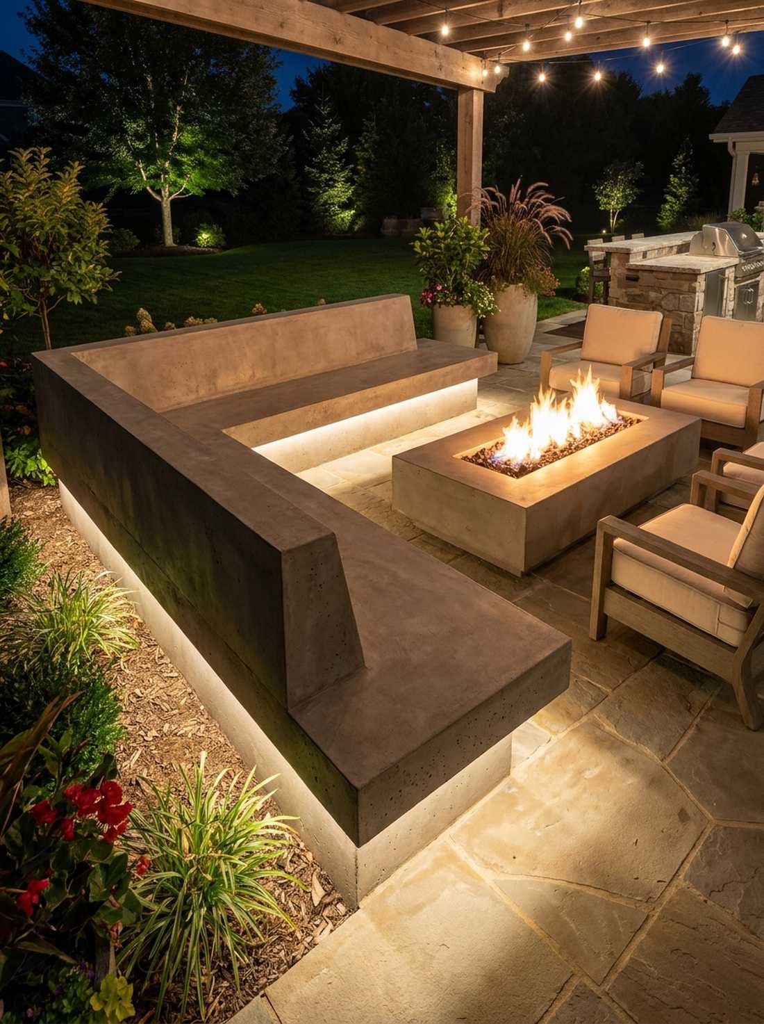 uplighting beneath concrete benches