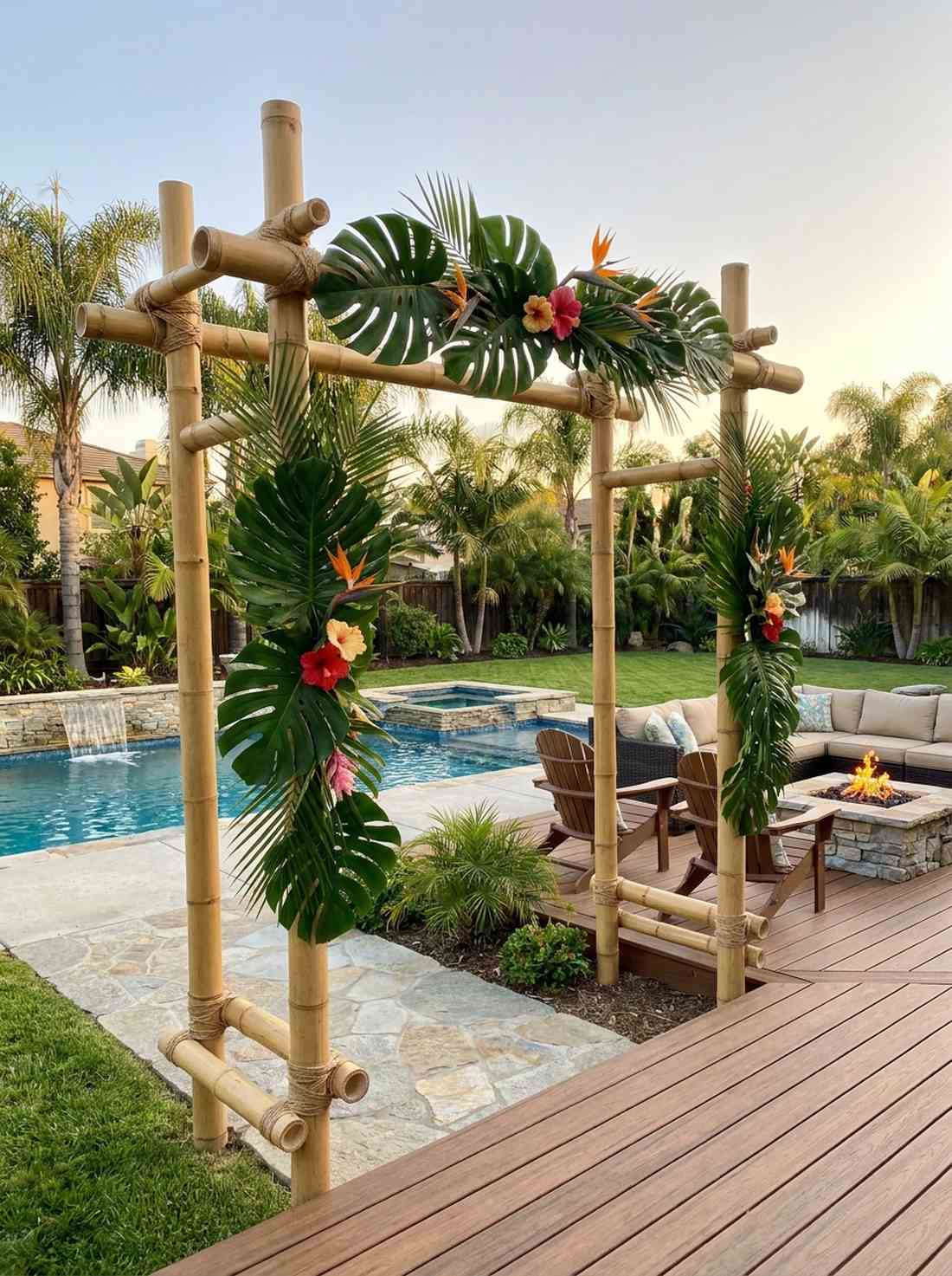 bamboo arch with tropical foliage
