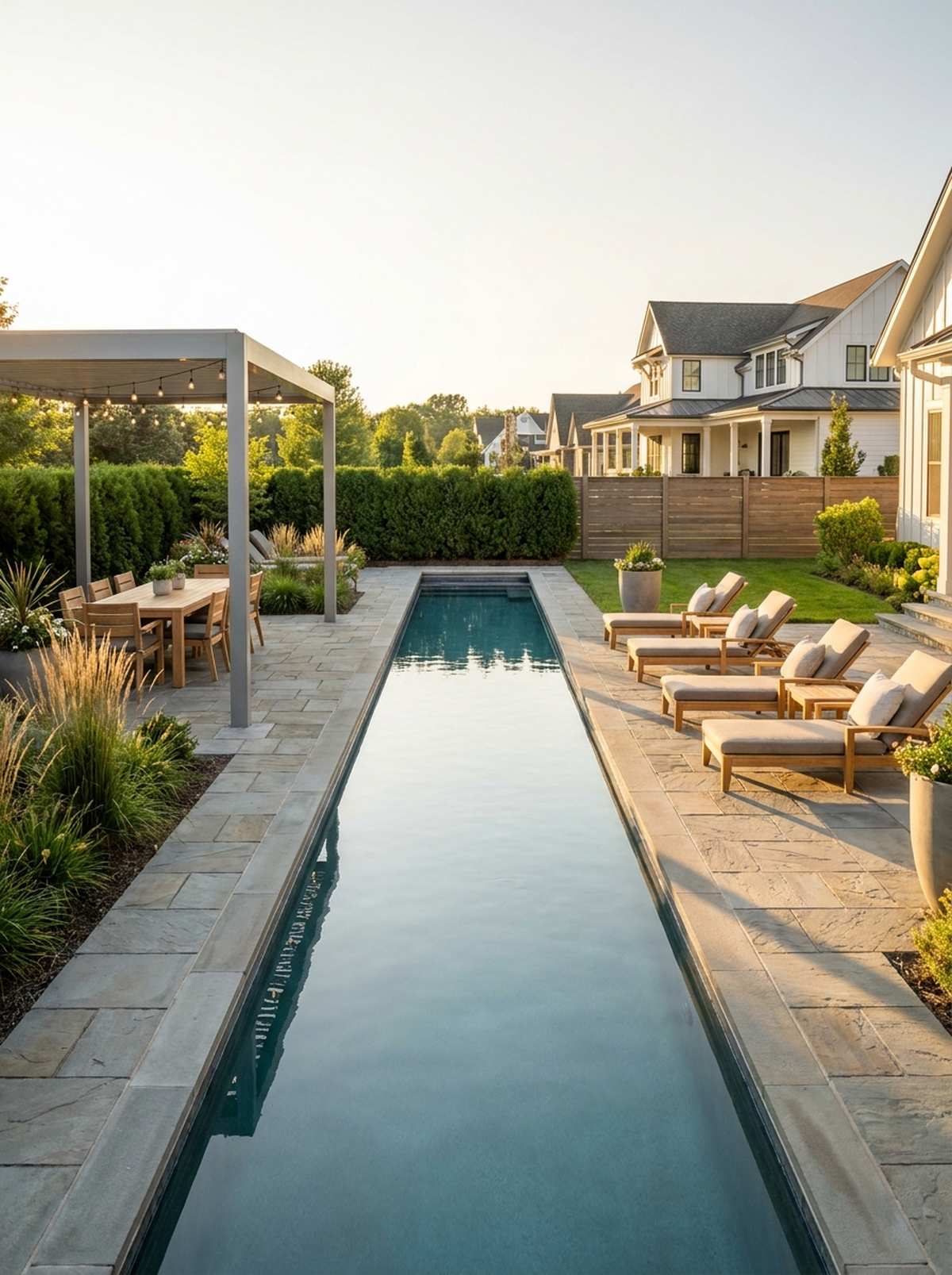 linear lap pool flanked by dual patios