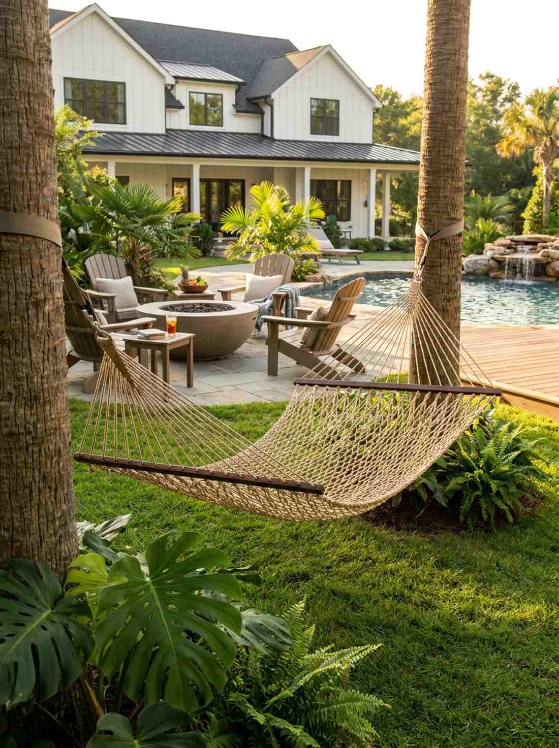 rope hammock between palm posts