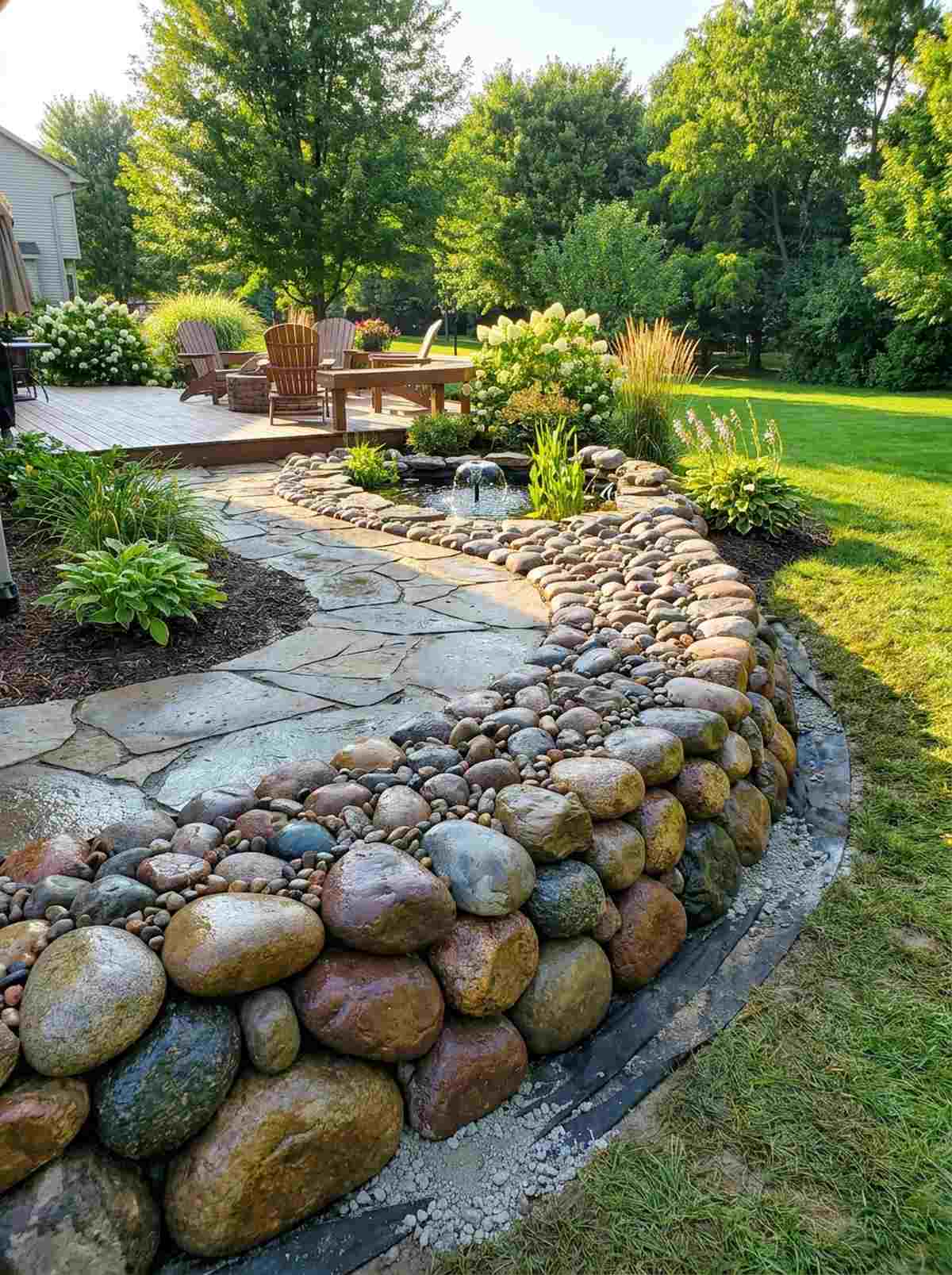 rounded river rock low wall