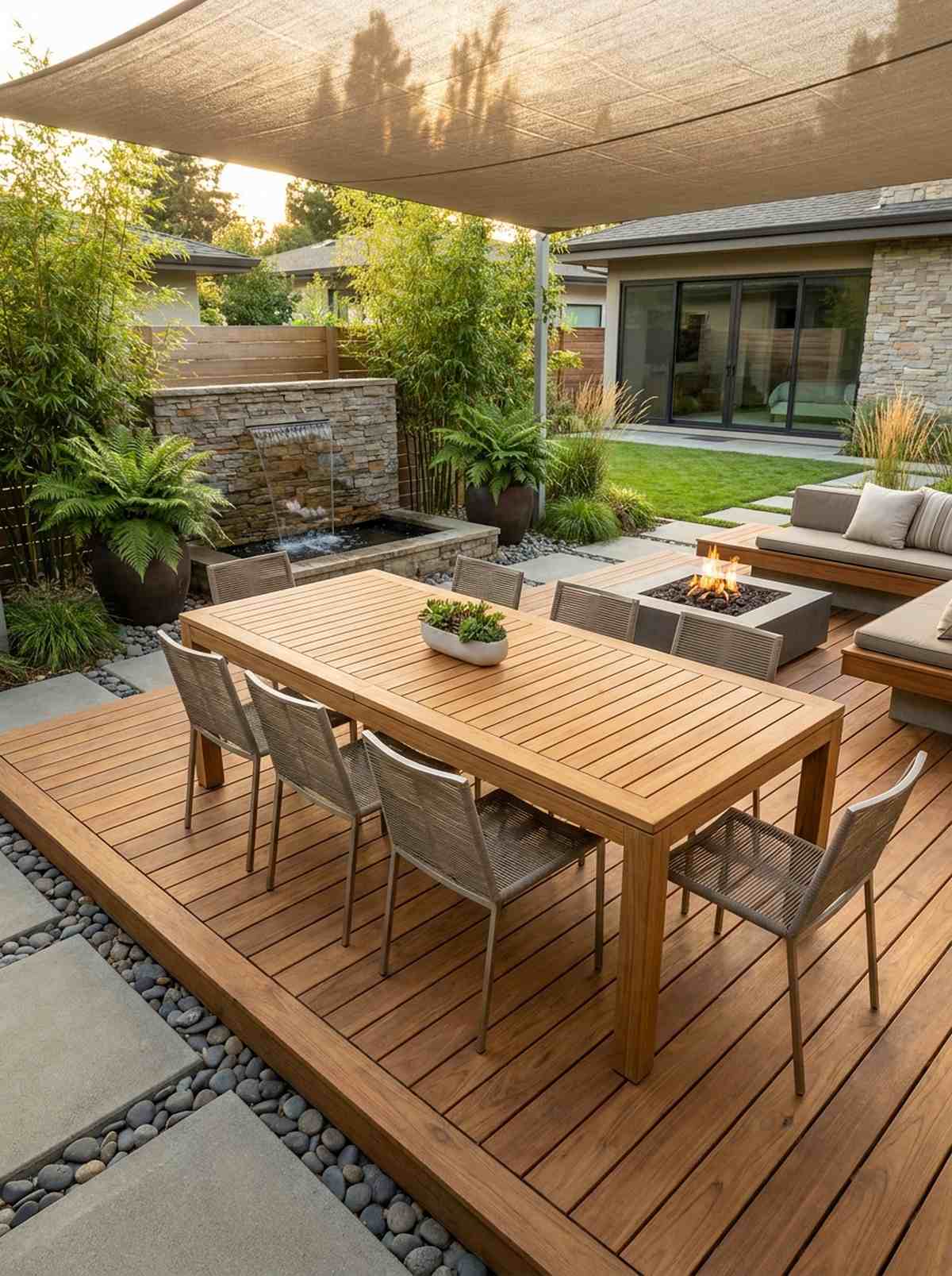 slatted teak table with drainage channels