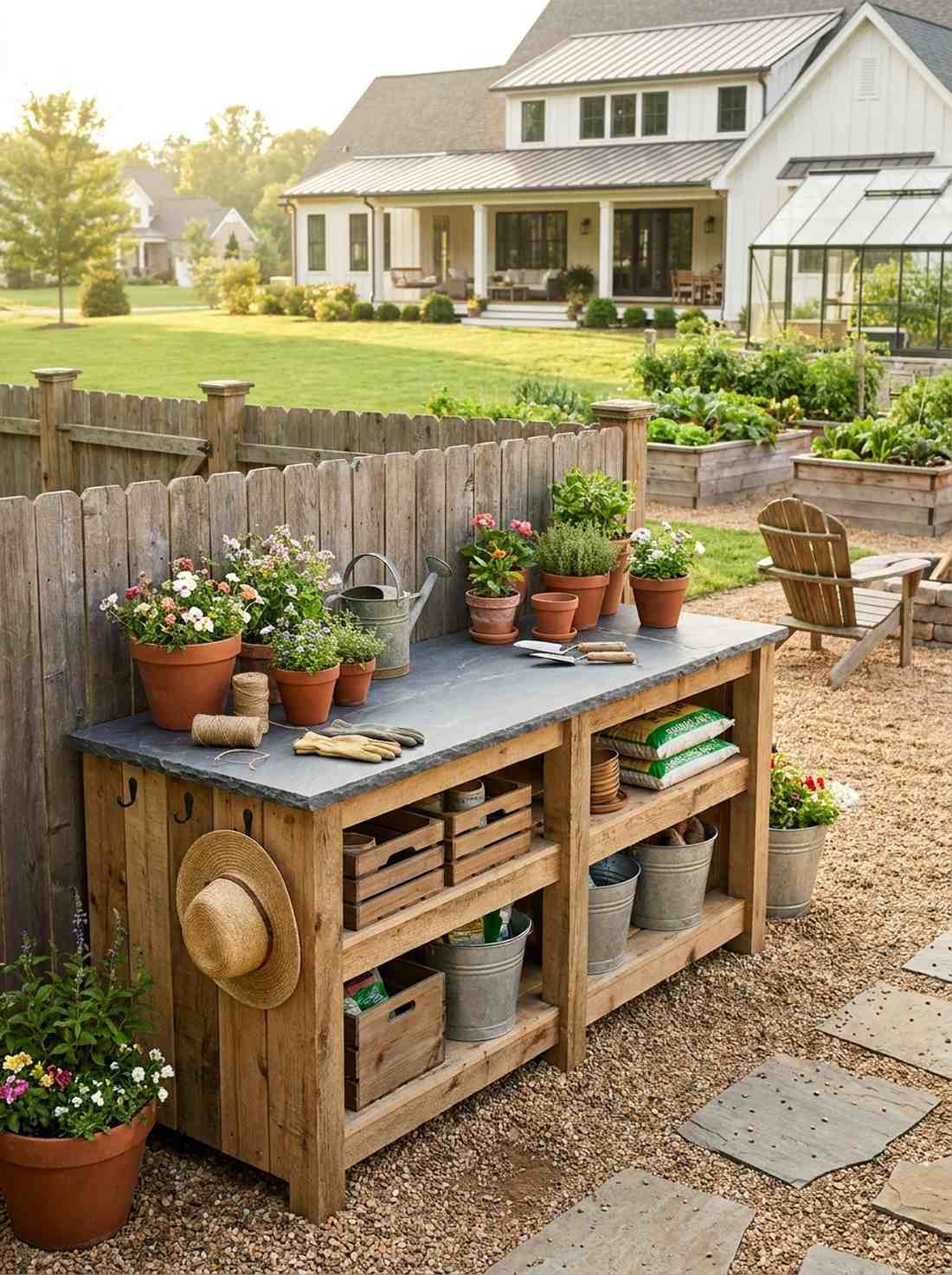natural wood potting bench