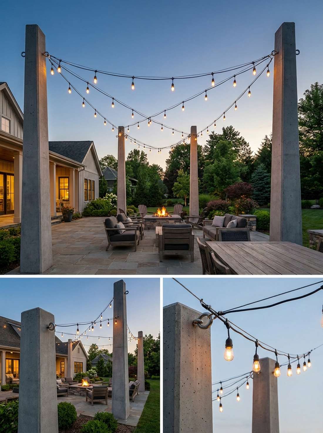 overhead string lights with concrete posts