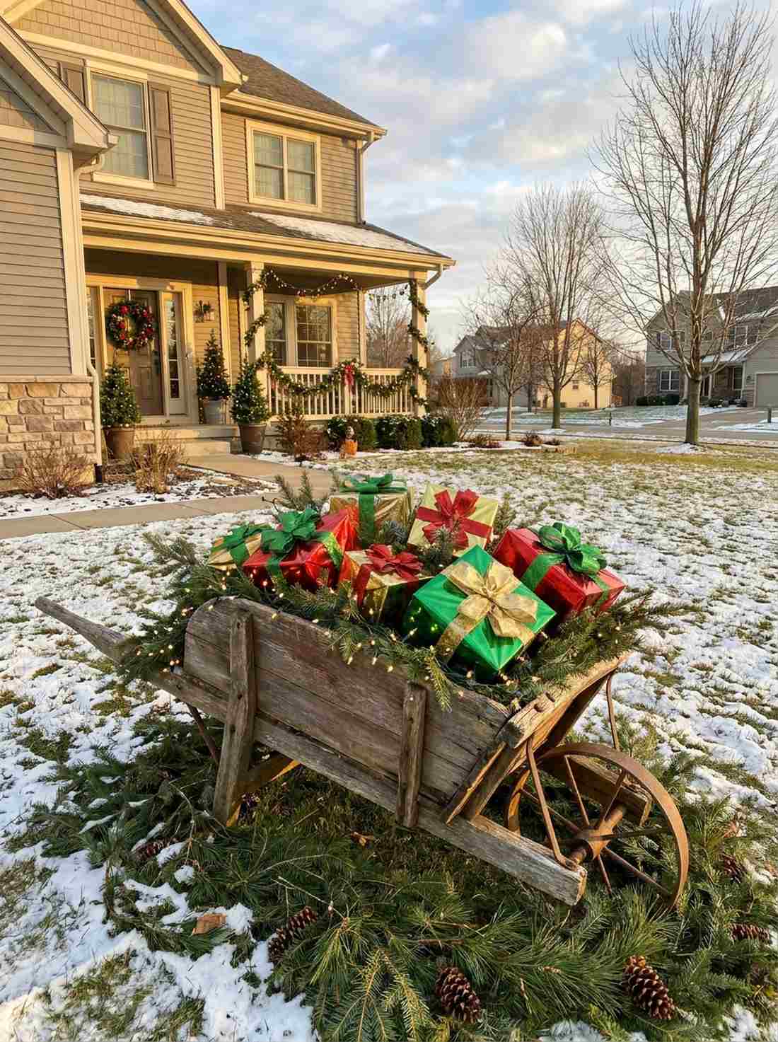 wooden wheelbarrow evergreen displays