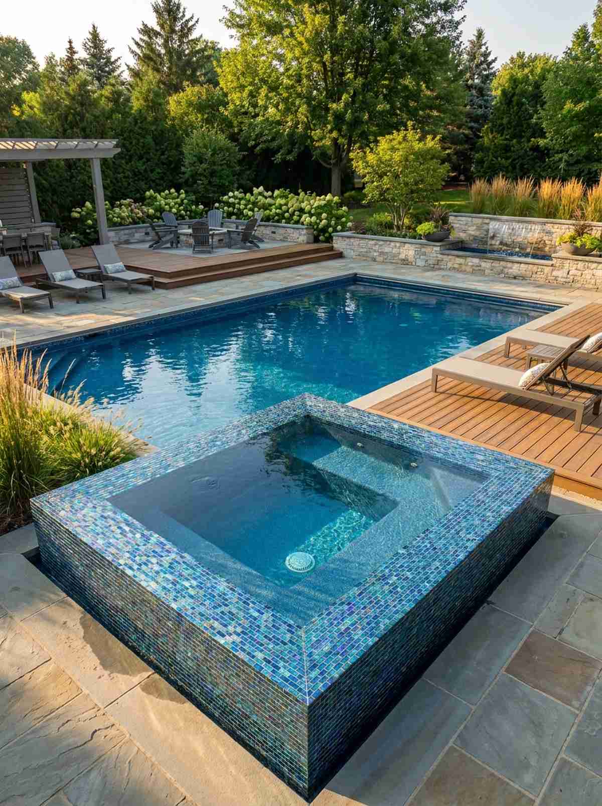 geometric pool with integrated spa corner