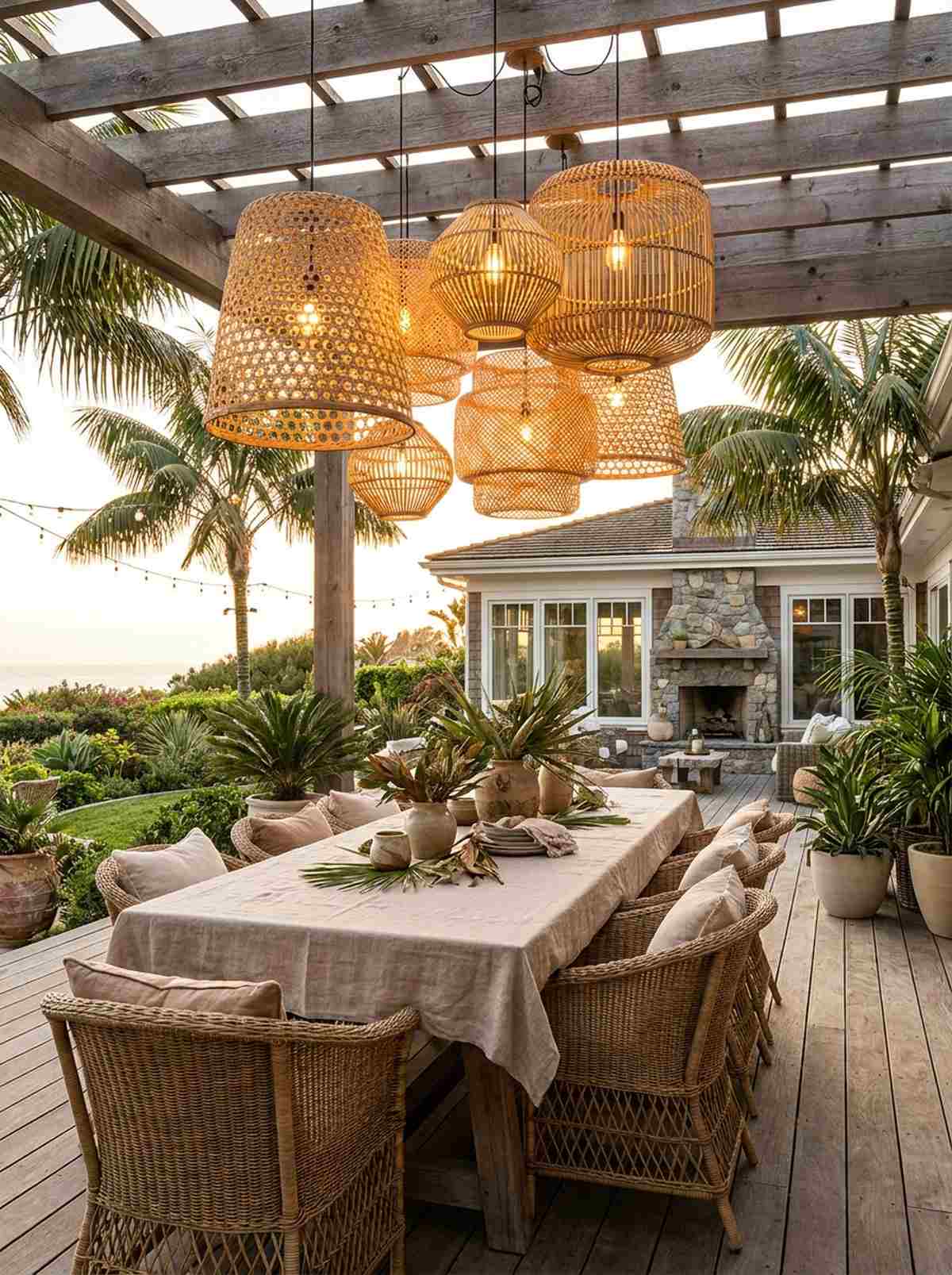 rattan woven chandelier grouping