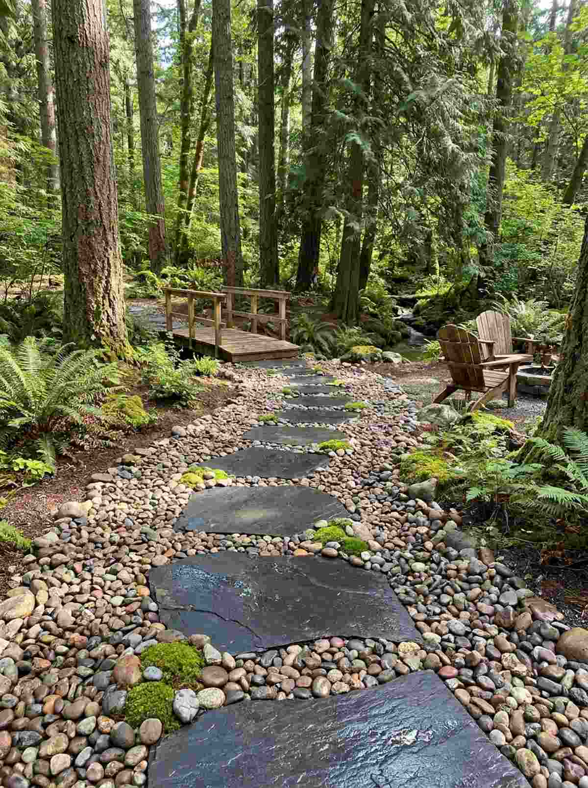 slate stepping stones with mixed river rock