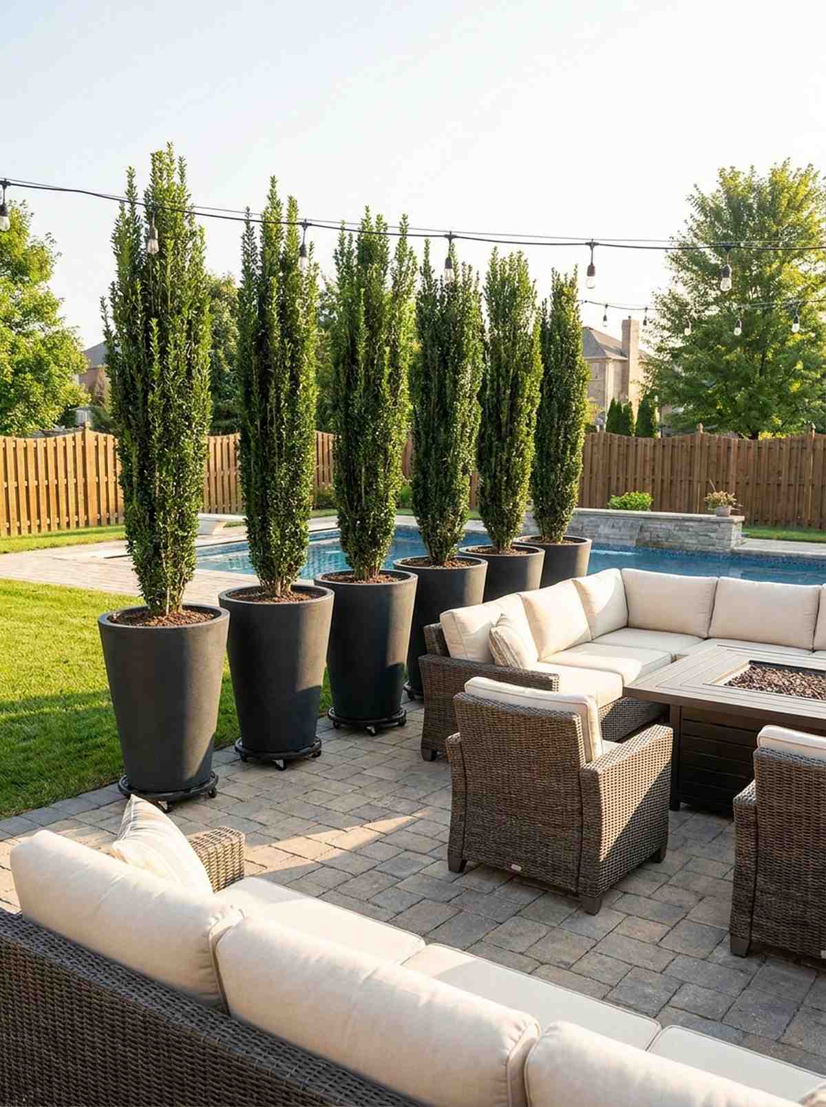 extra large tapered planters with evergreen screening