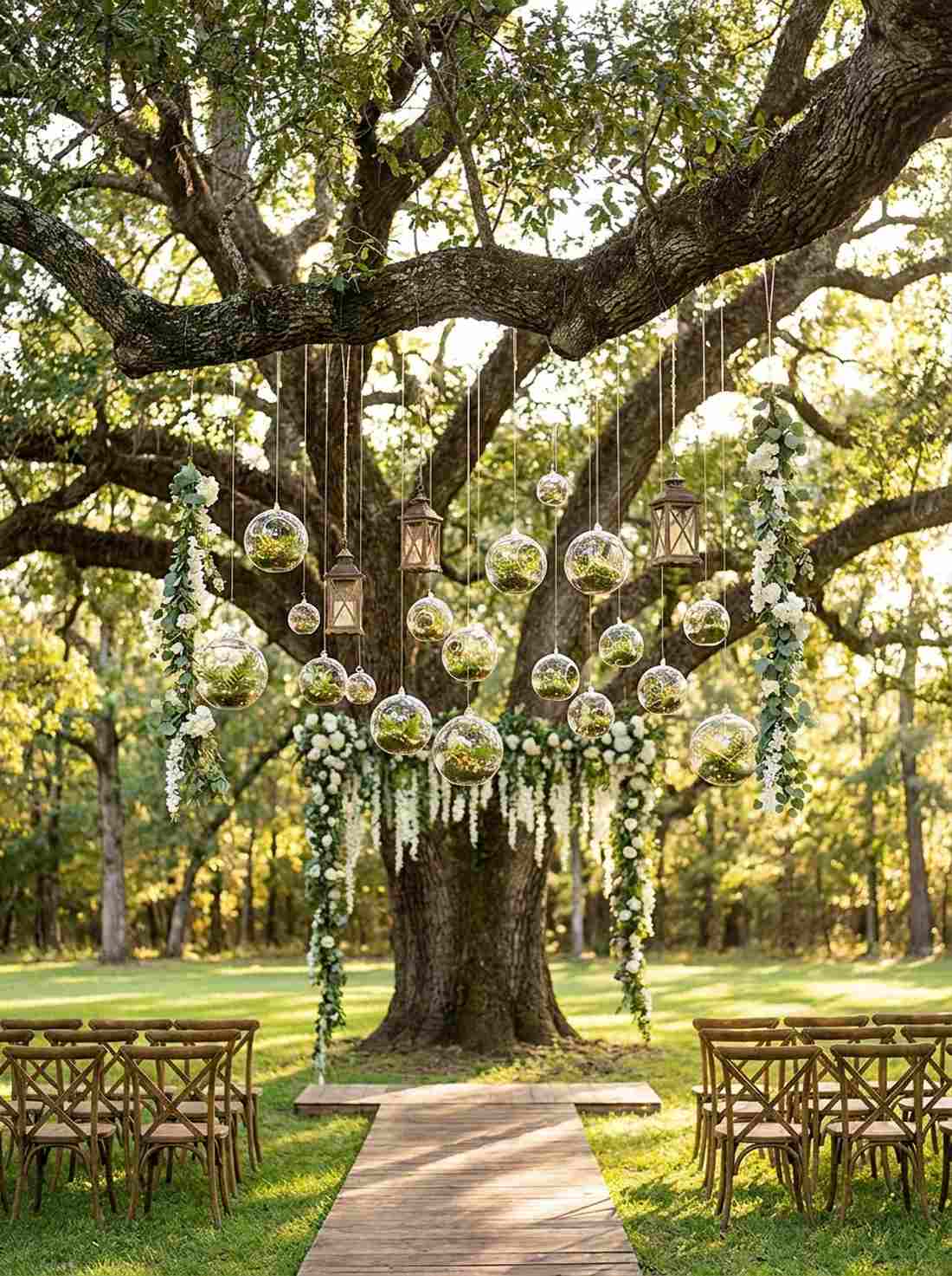 natural tree canopy with hanging installations