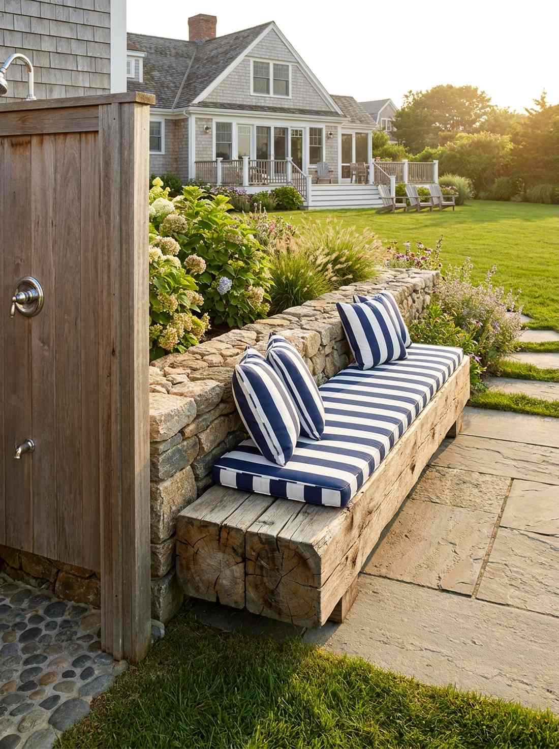 recycled teak bench with nautical cushions
