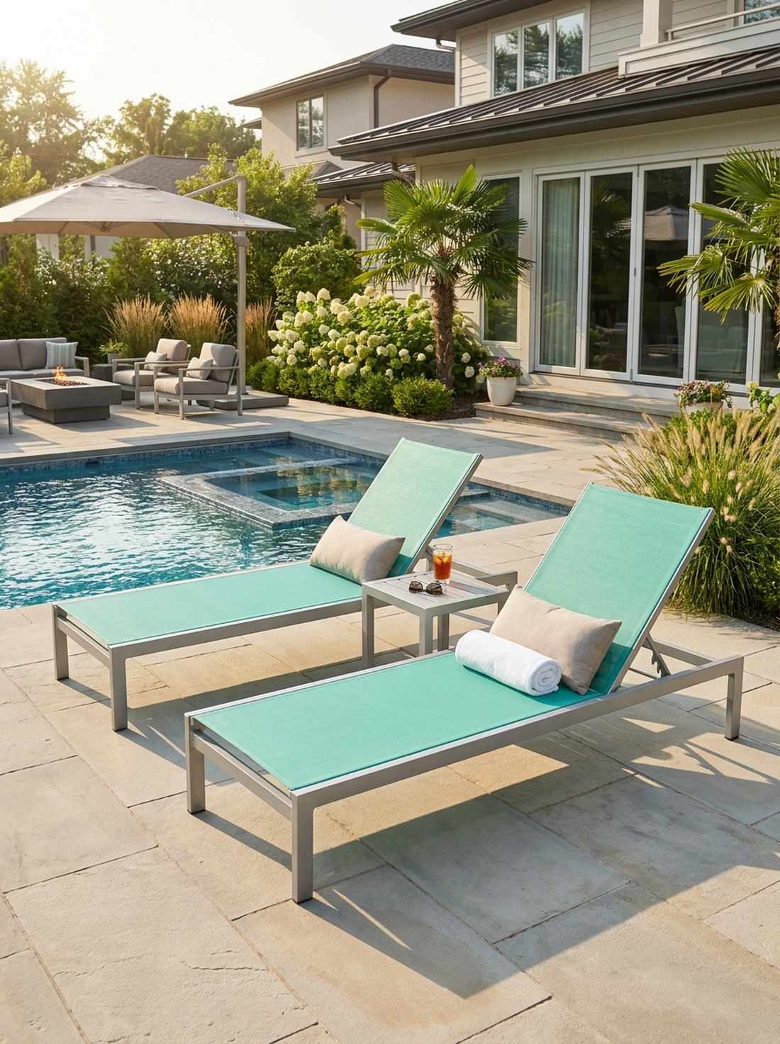 aluminum chaise lounges in seafoam