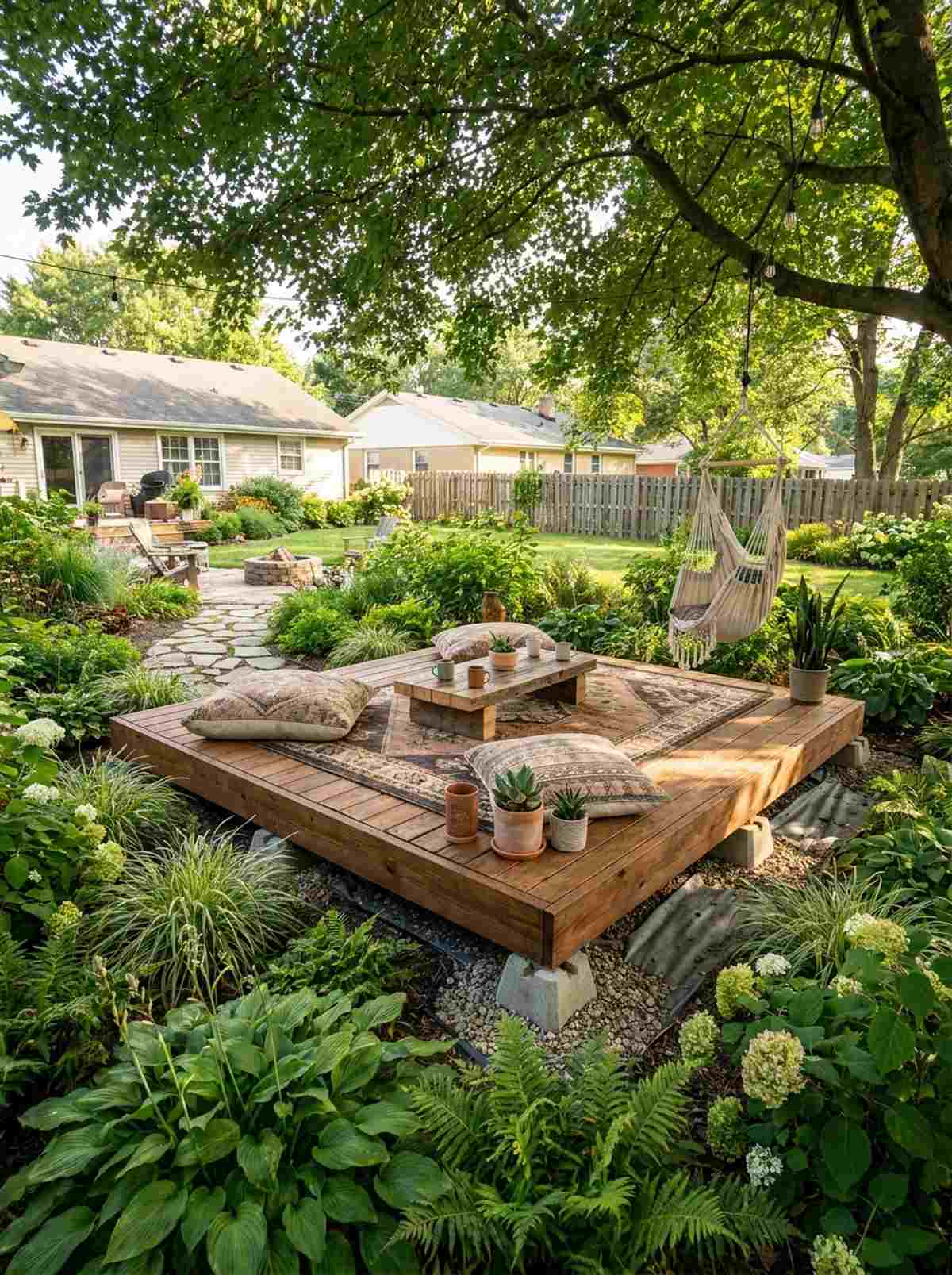 floating deck amidst landscaping