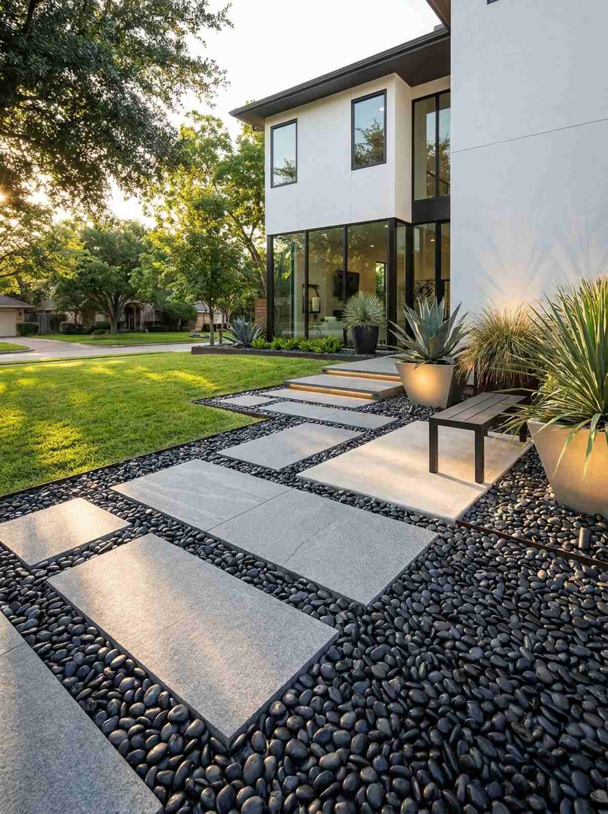 granite stepping stones with black river rock