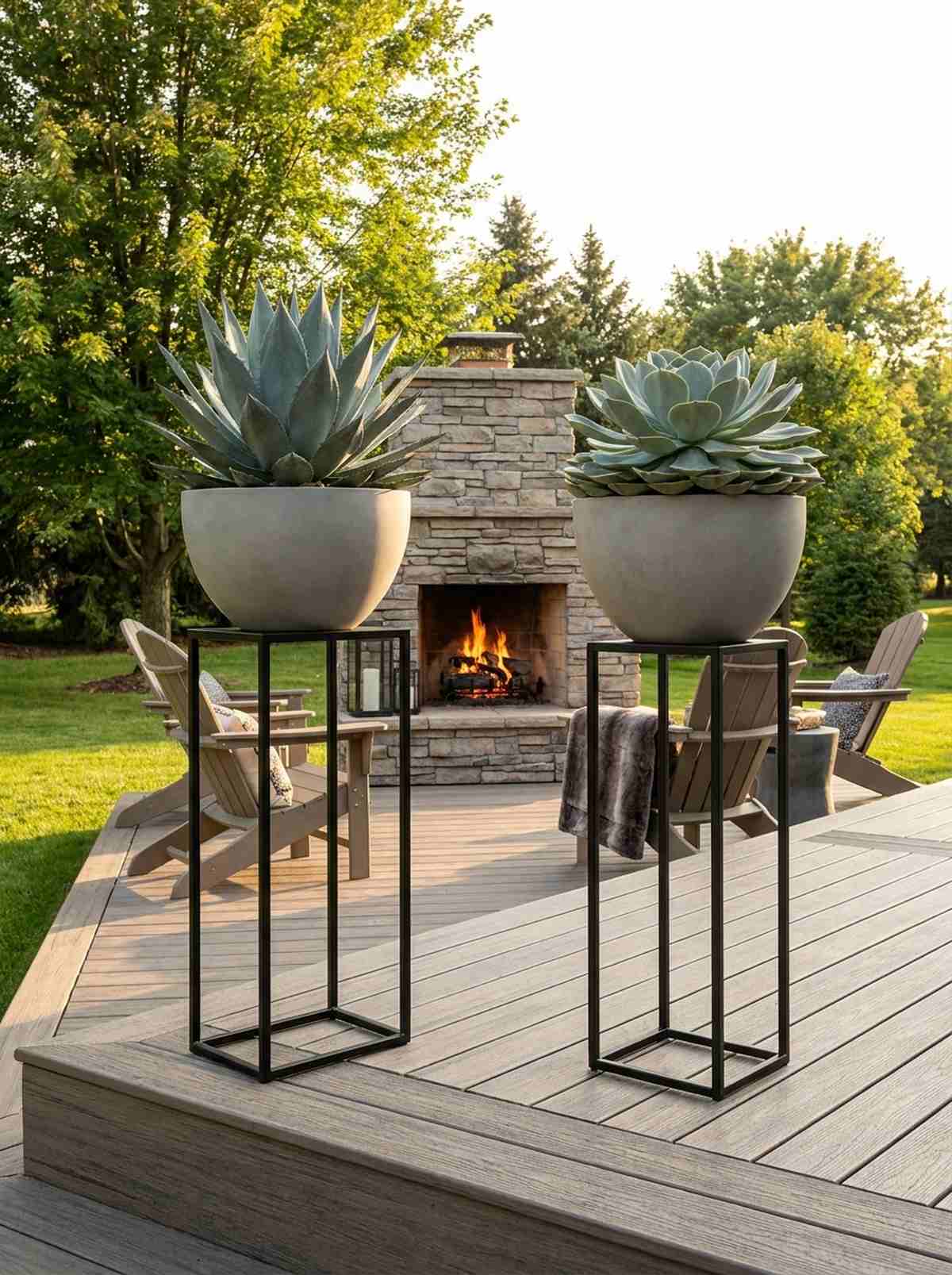 modern pedestal planters with specimen plants