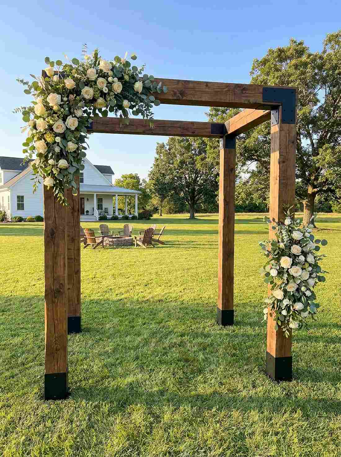rectangular wood arbor with corner clusters