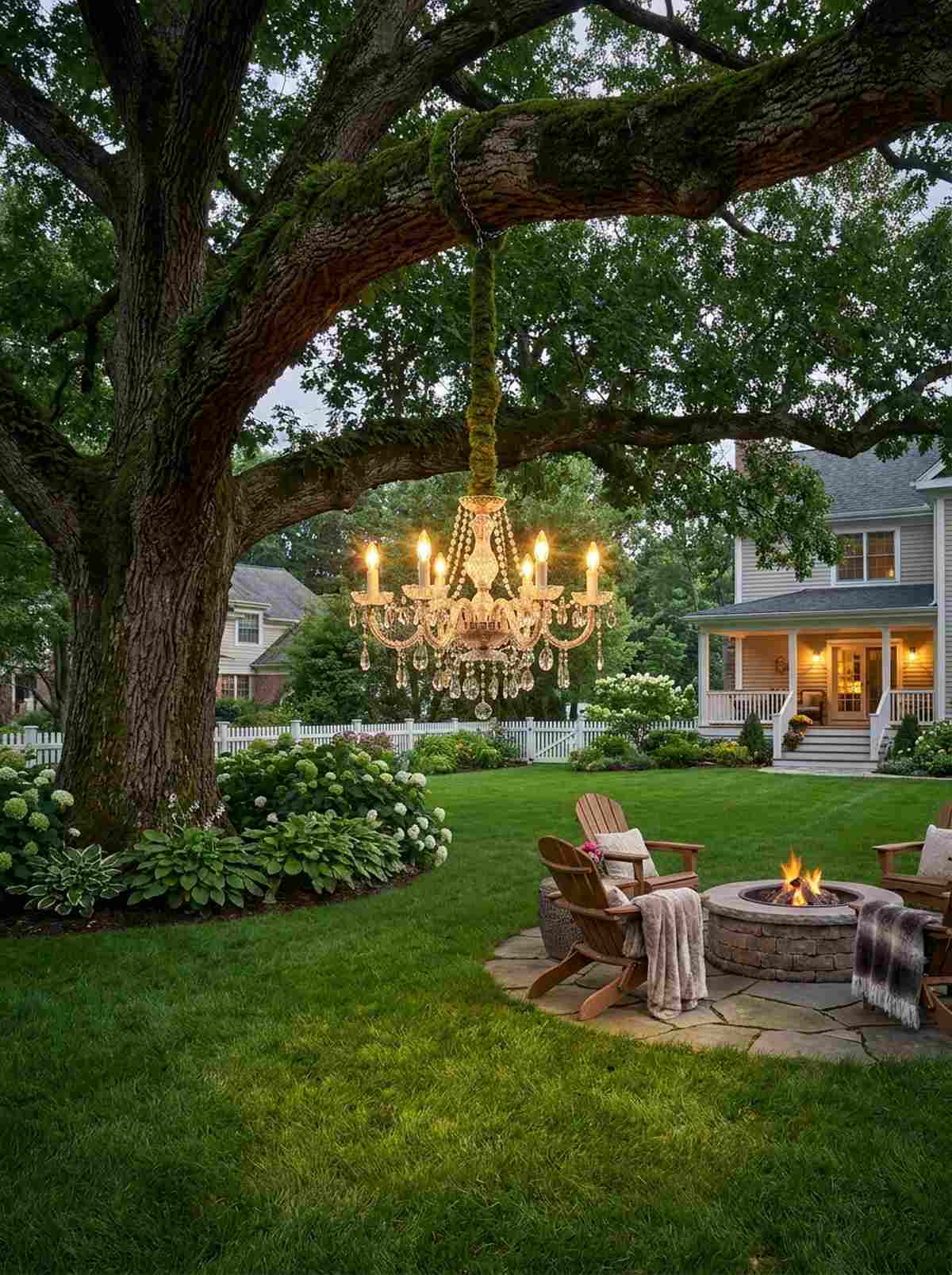 suspended chandelier from tree branch