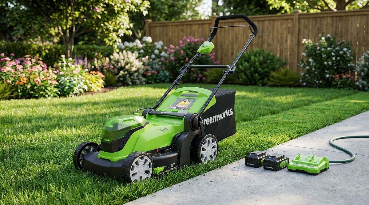 push lawn mower cutting grass in a backyard