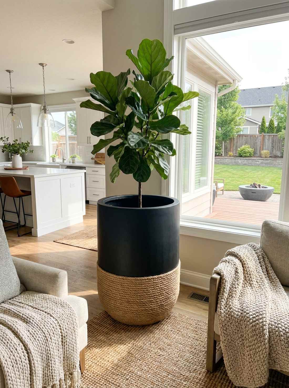 black ceramic planter with jute wrap