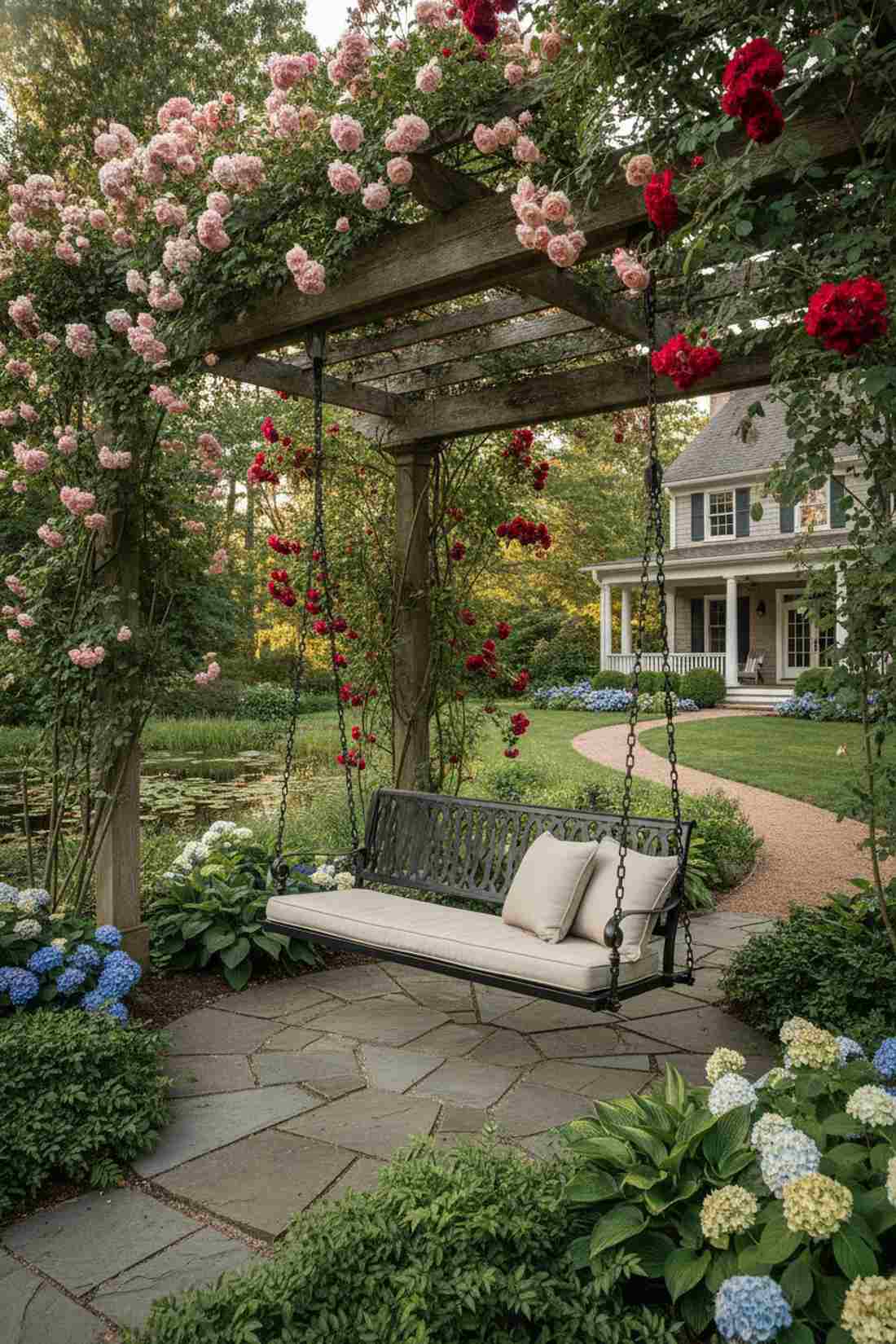 black swing bench for romantic garden corners