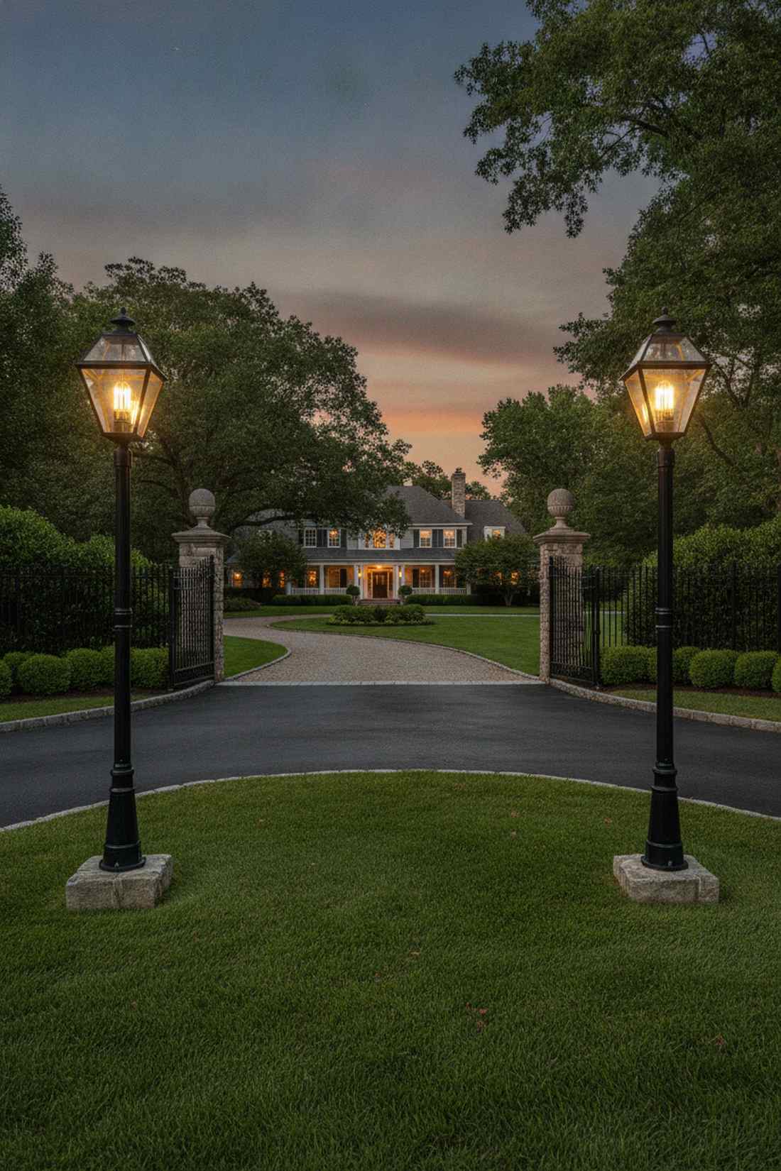 decorative lamp posts at fence corners
