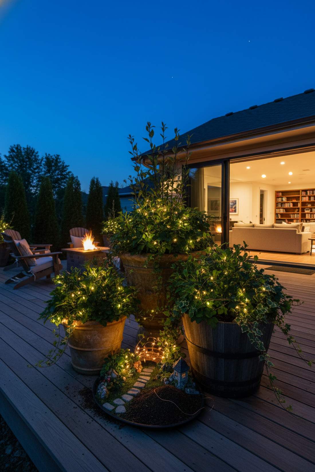 fairy lights in outdoor planters