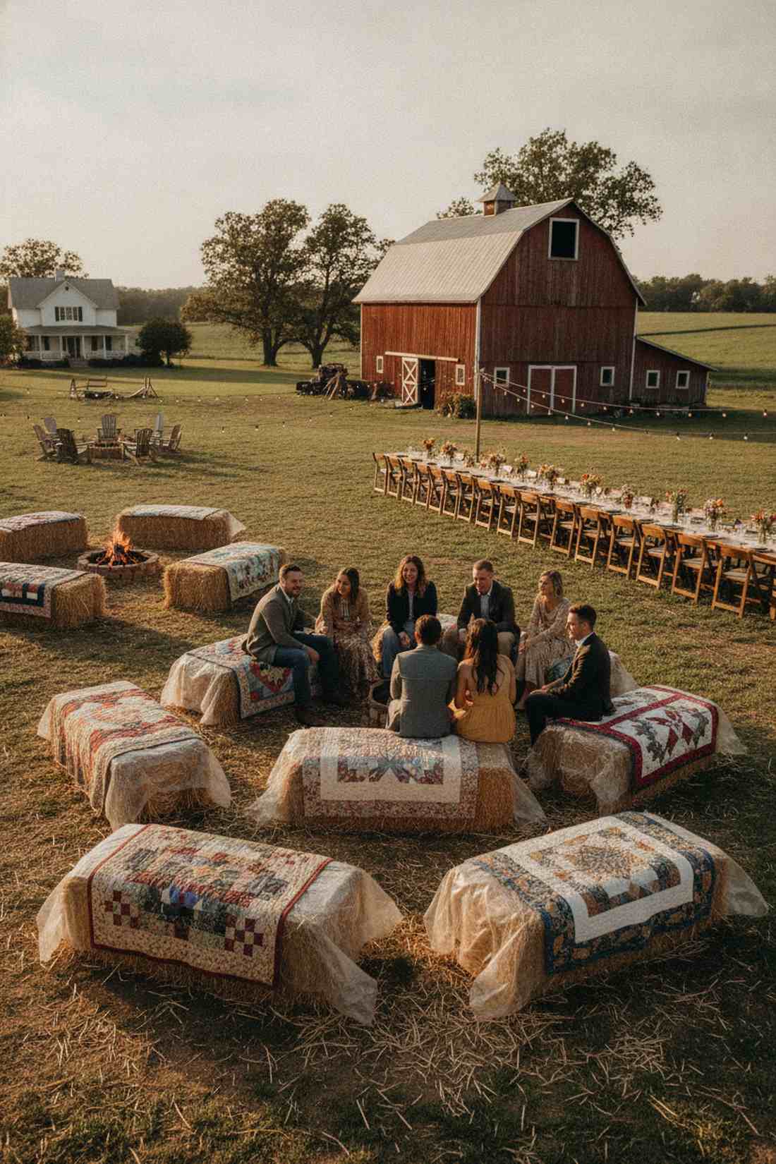 hay bales with vintage quilts