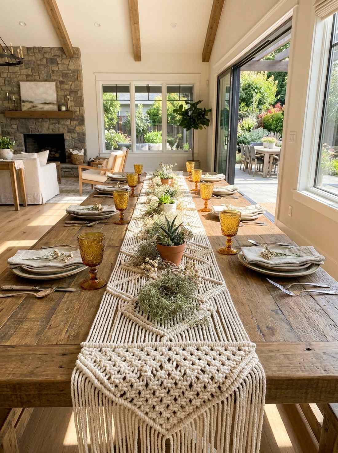 macrame table runners on farm tables