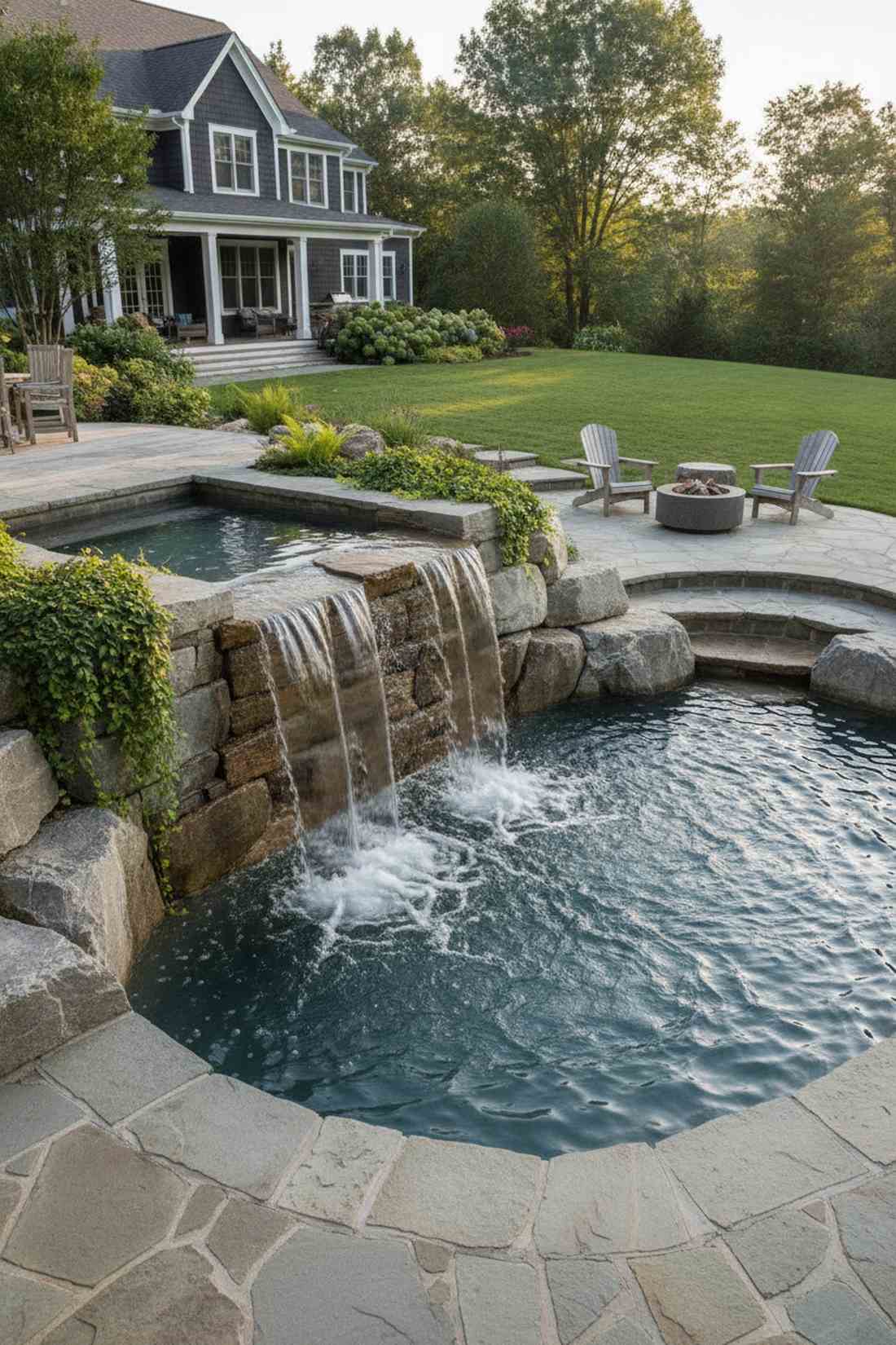 natural stone pool with waterfall patio