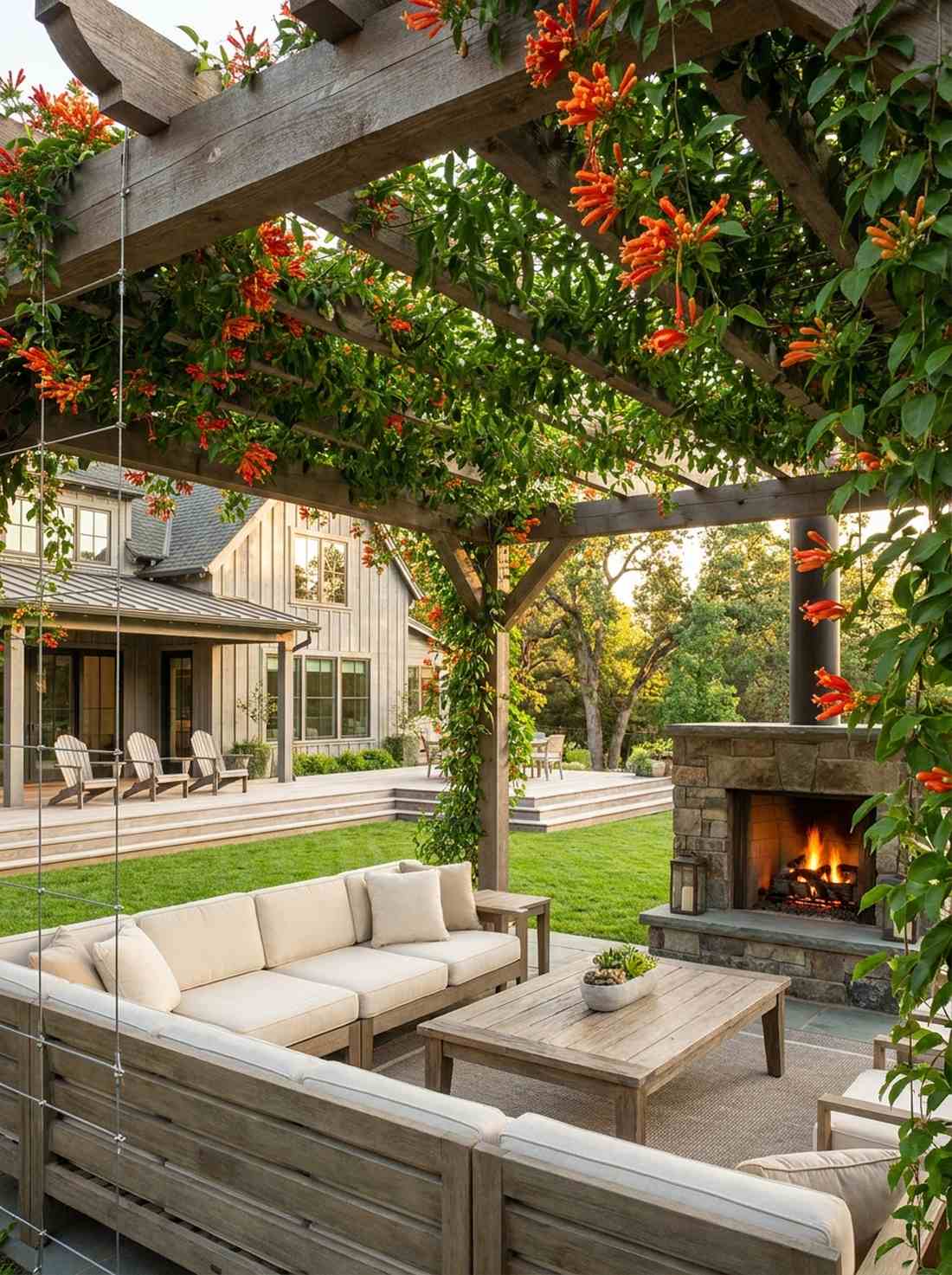 overhead pergola with climbing tropicals