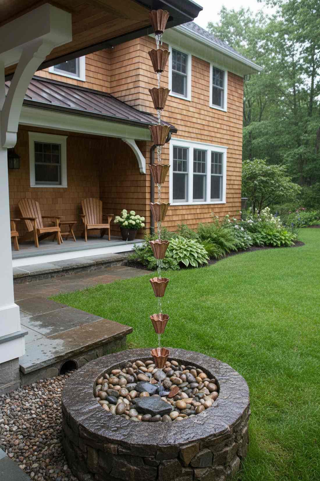 rain chain into stone basin