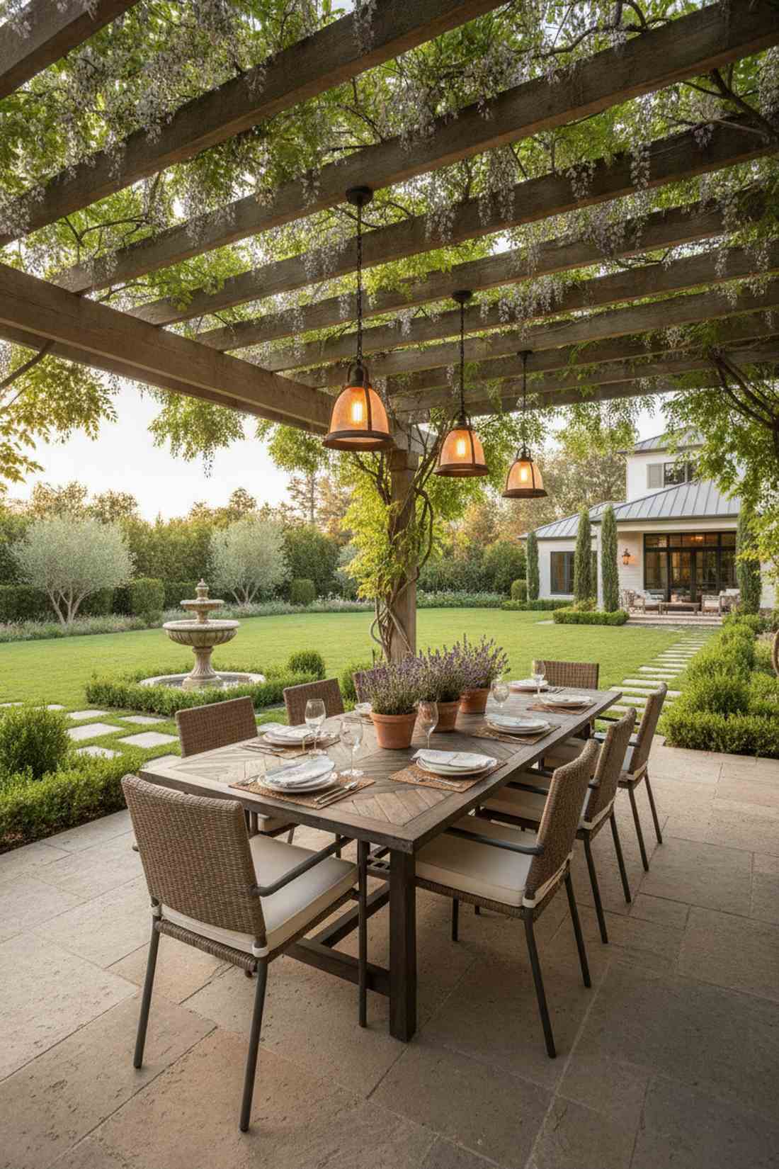 rectangular table under pergola canopy