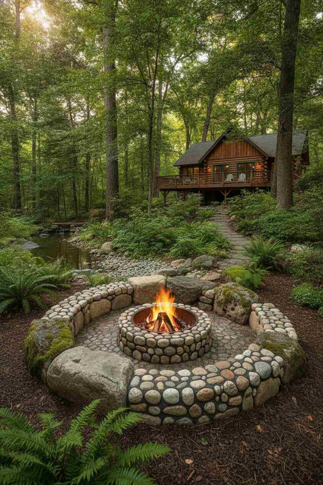 river rock fireplace with boulder accents